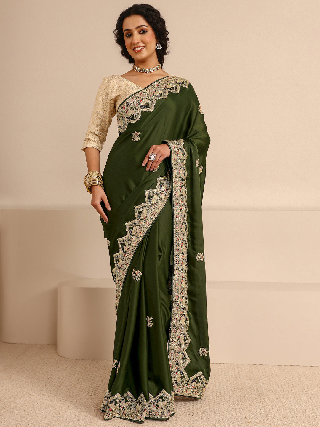  Libas Art Green Embellished Silk Blend Saree With Unstitched Blouse Piece 