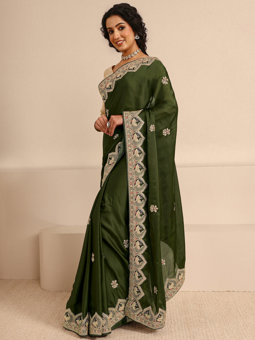  Libas Art Green Embellished Silk Blend Saree With Unstitched Blouse Piece 