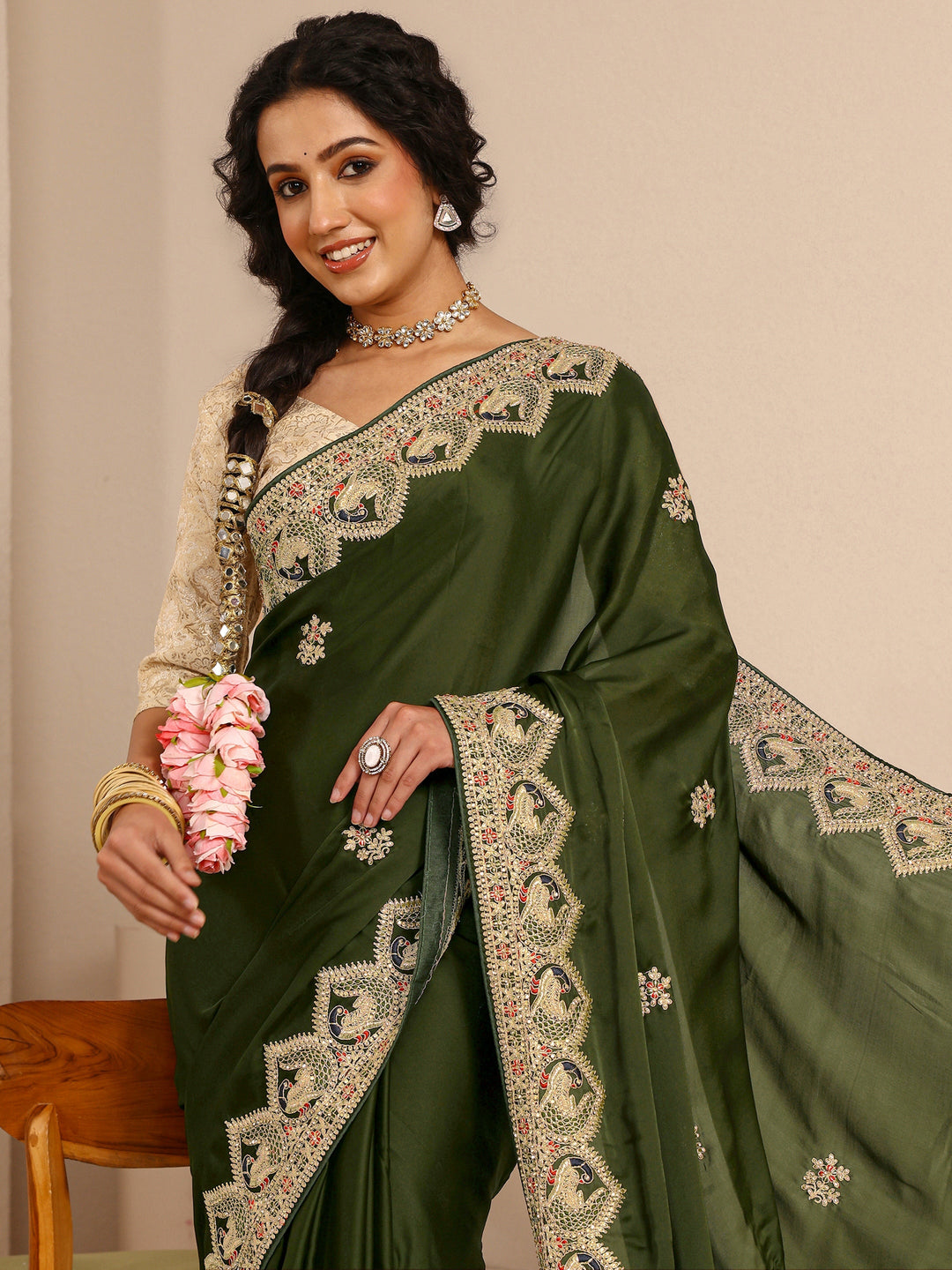  Libas Art Green Embellished Silk Blend Saree With Unstitched Blouse Piece 
