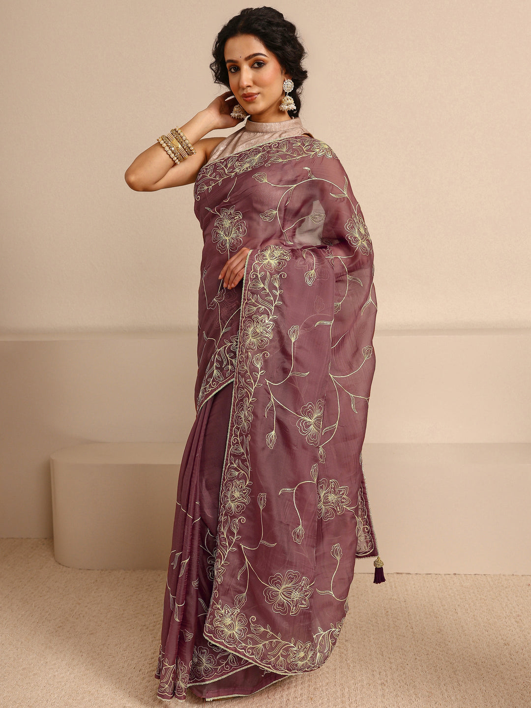  Mauve Floral Embellished Silk Blend Saree With Unstitched Blouse Piece 