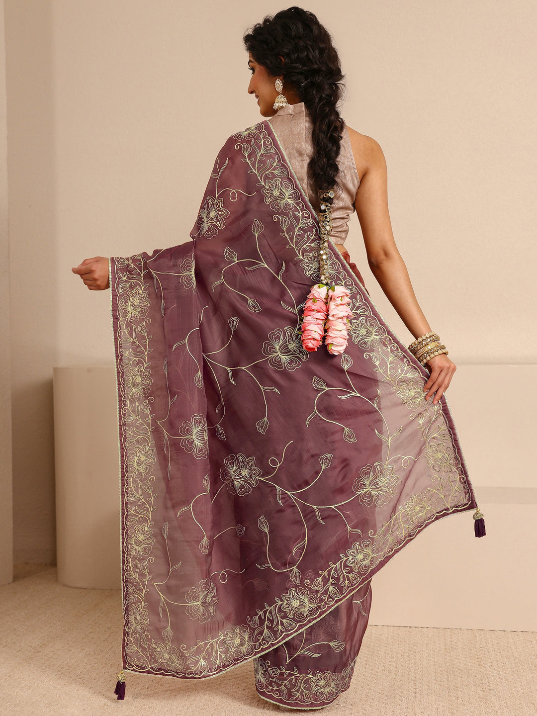  Mauve Floral Embellished Silk Blend Saree With Unstitched Blouse Piece 