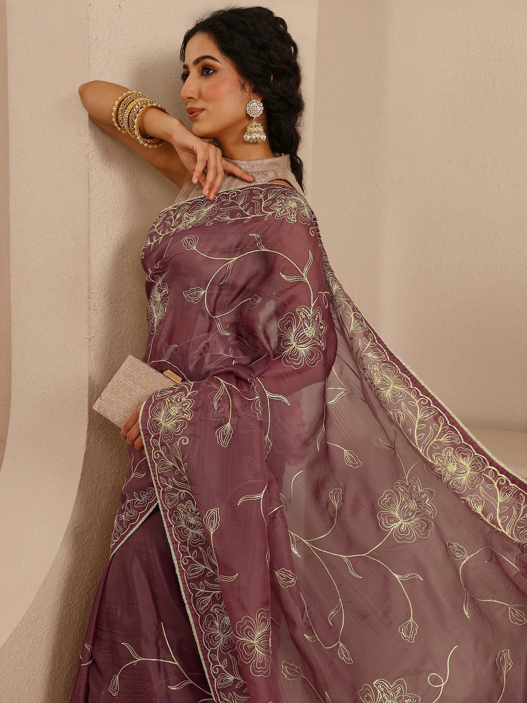  Mauve Floral Embellished Silk Blend Saree With Unstitched Blouse Piece 