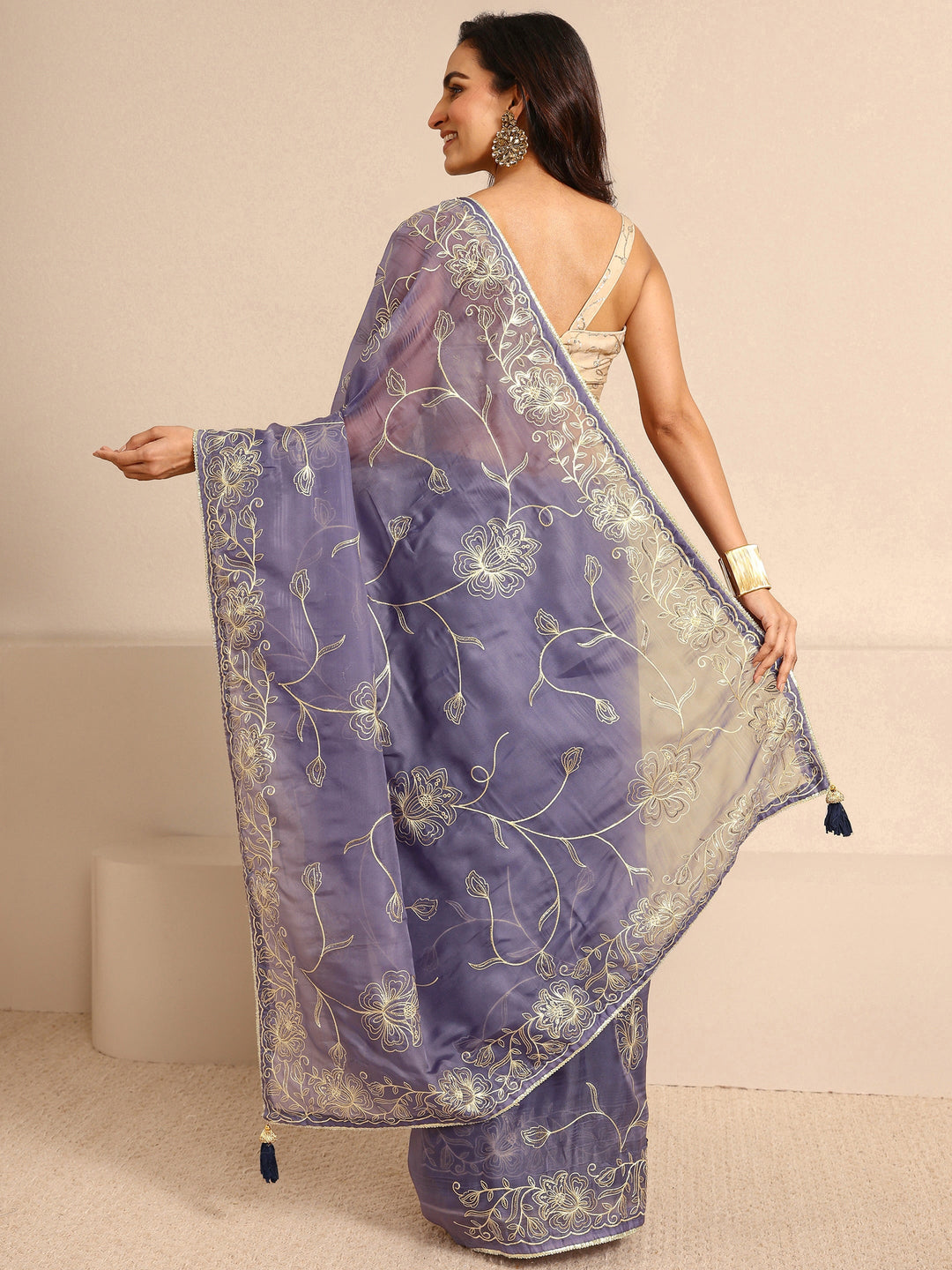  Lavender Floral Embellished Silk Blend Saree With Unstitched Blouse Piece 