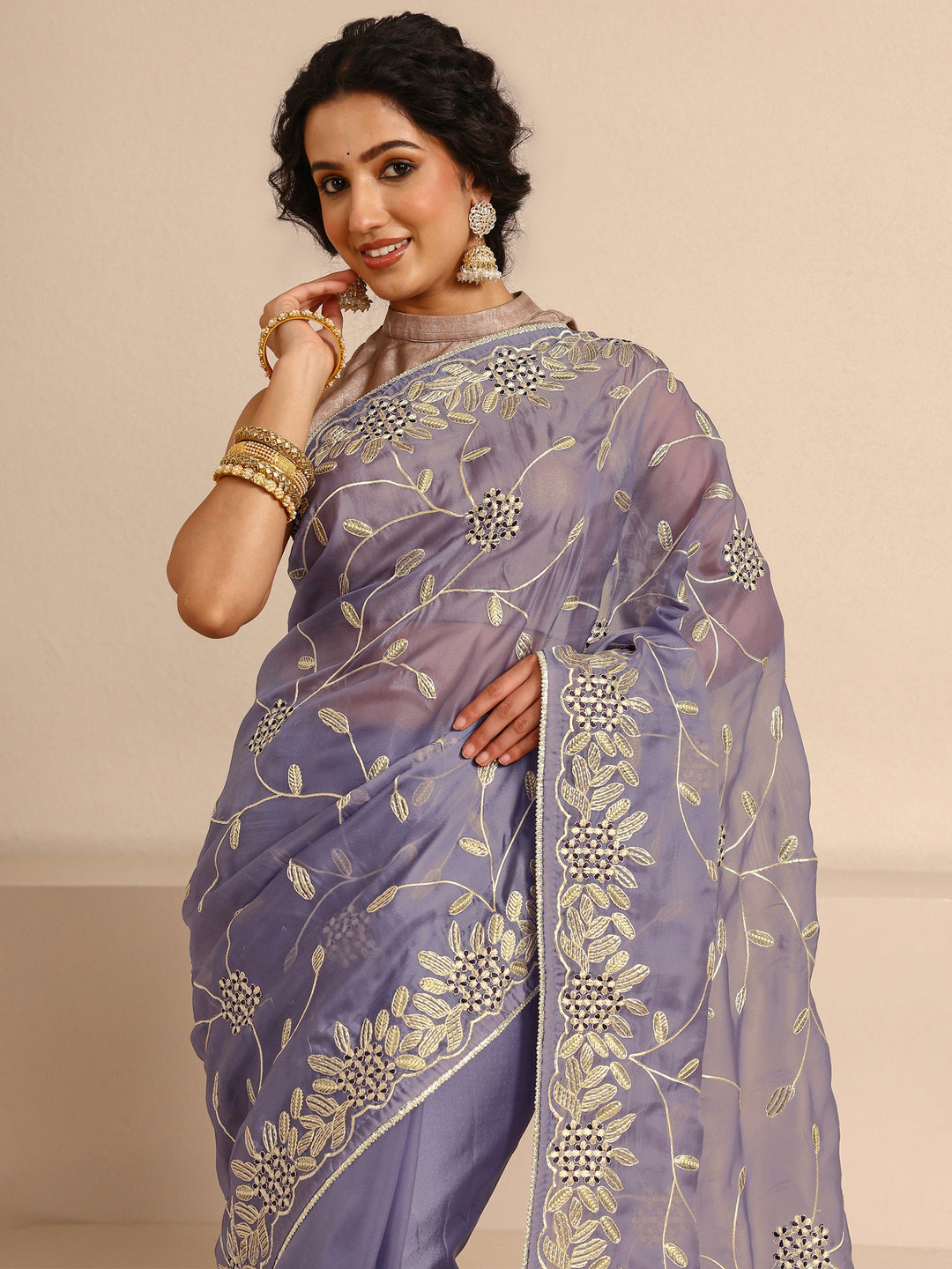  Lavender Floral Embellished Silk Blend Saree With Unstitched Blouse Piece 