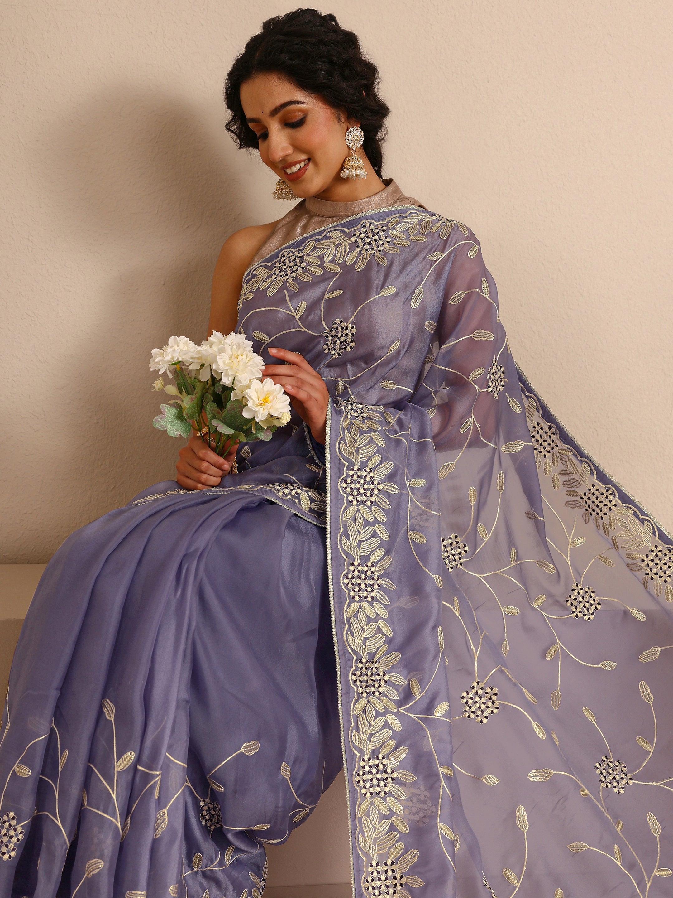 libas Lavender Floral Embellished Silk Blend Saree With Unstitched Blouse Piece-picture-37