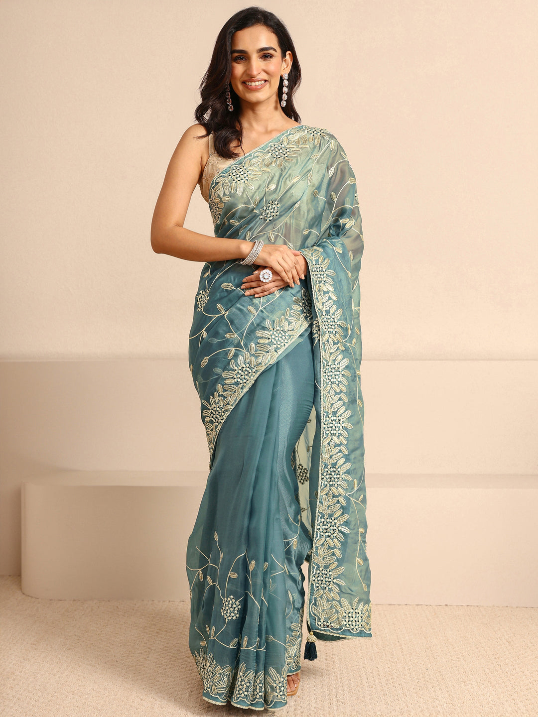  Blue Embellished Silk Blend Saree With Unstitched Blouse Piece 