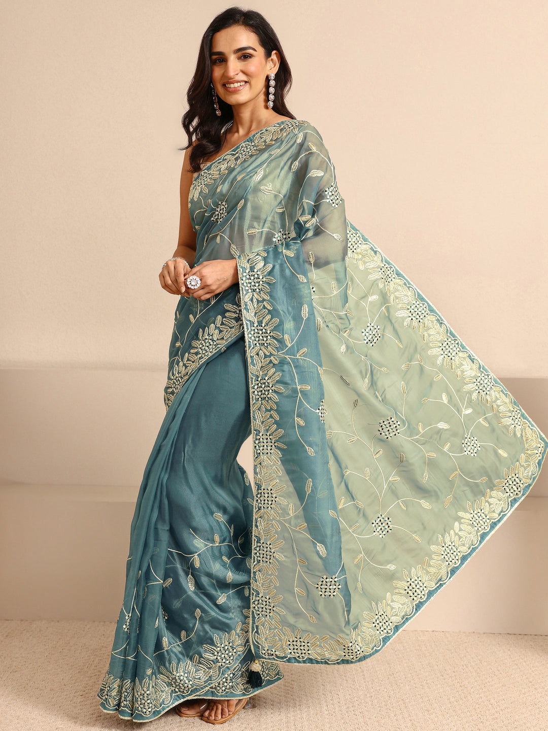  Blue Embellished Silk Blend Saree With Unstitched Blouse Piece 