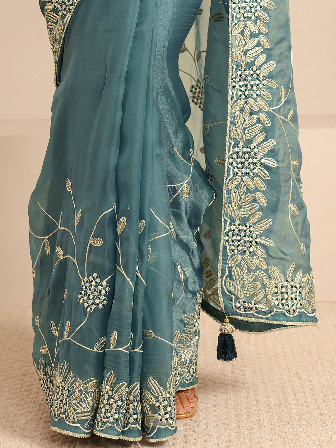  Blue Embellished Silk Blend Saree With Unstitched Blouse Piece 