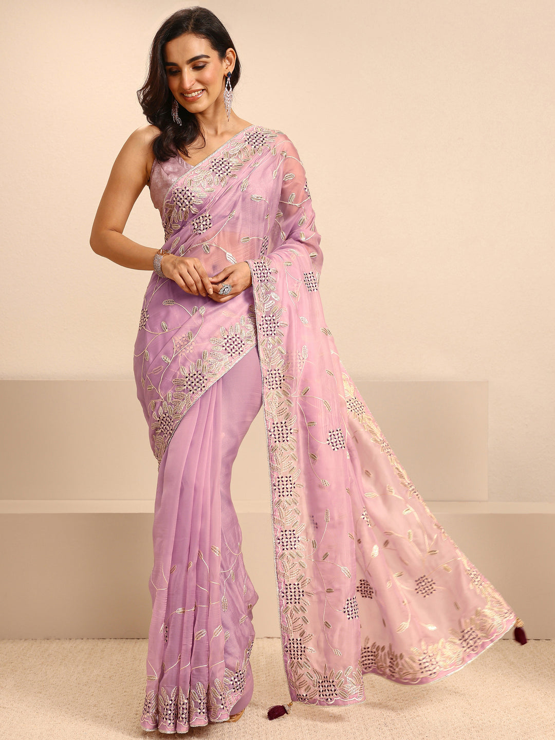  Lavender Embellished Silk Blend Saree With Unstitched Blouse Piece 