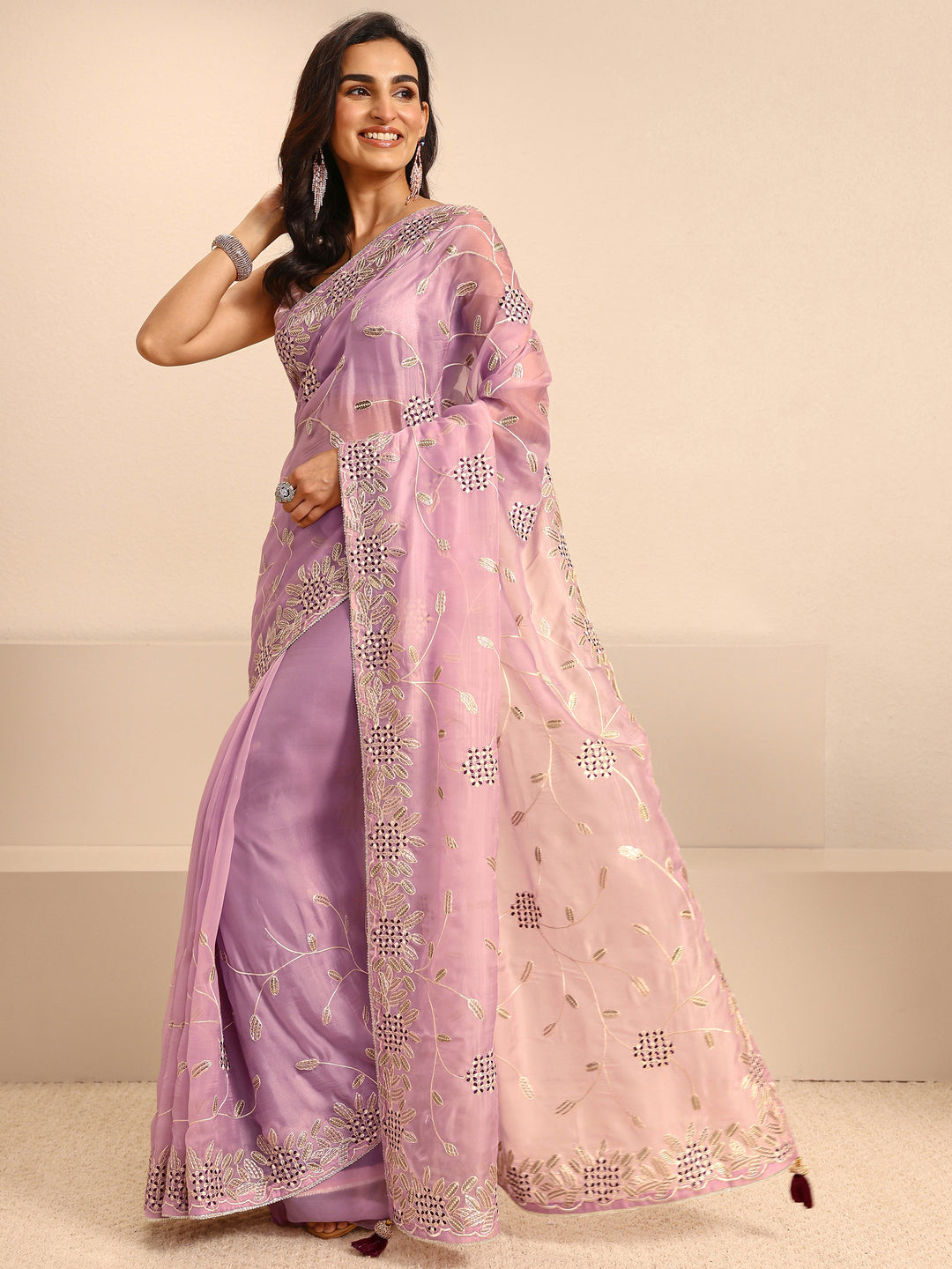  Lavender Embellished Silk Blend Saree With Unstitched Blouse Piece 