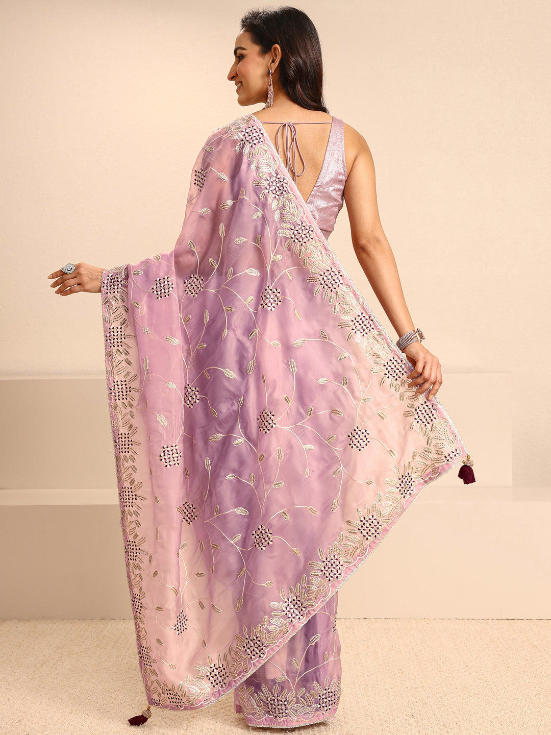  Lavender Embellished Silk Blend Saree With Unstitched Blouse Piece 