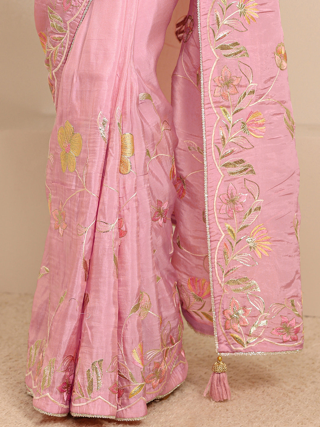  Pink Floral Embroidered Silk Blend Saree With Unstitched Blouse Piece 