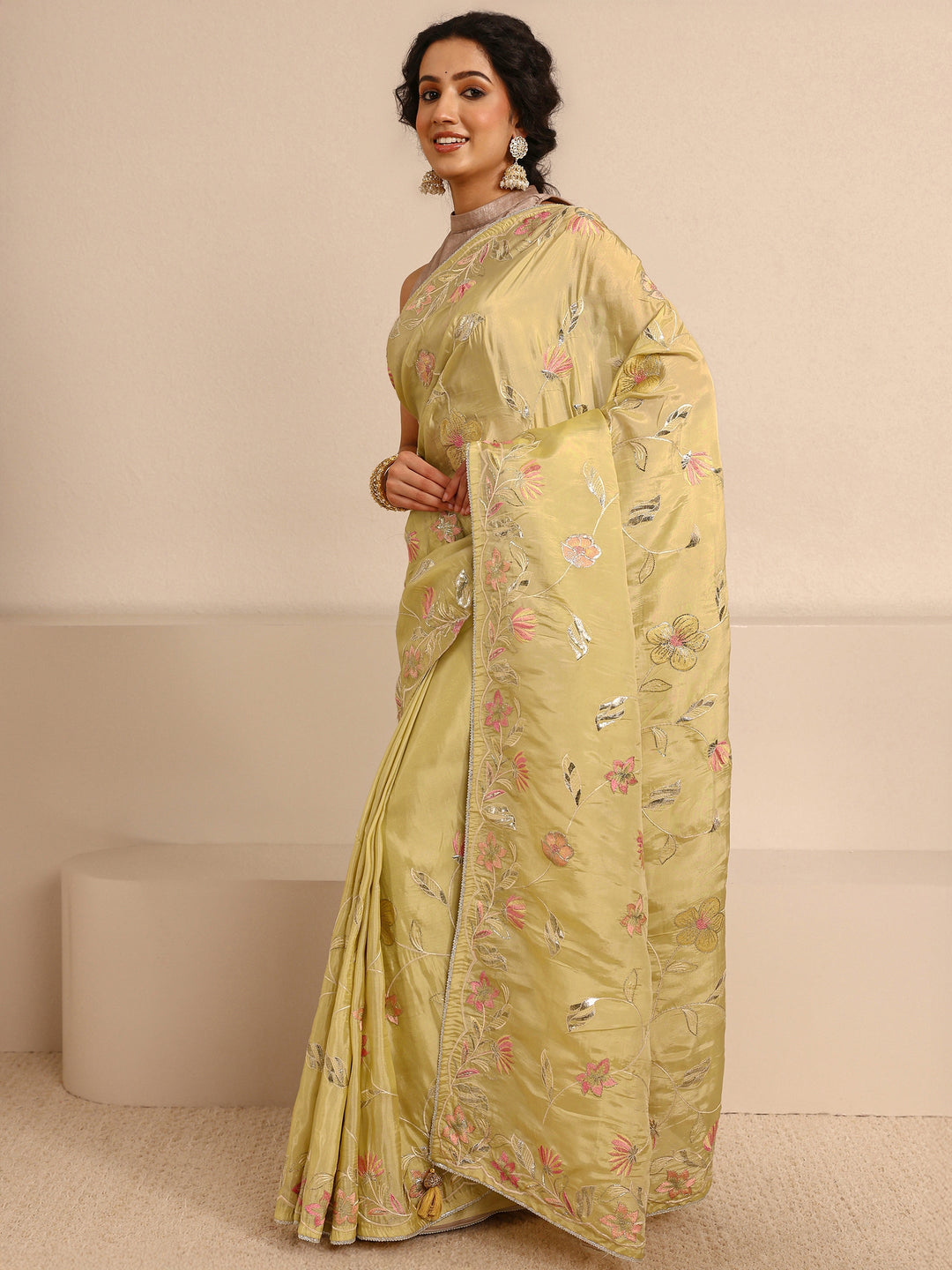  Yellow Floral Embellished Silk Blend Saree  With Unstitched Blouse Piece 