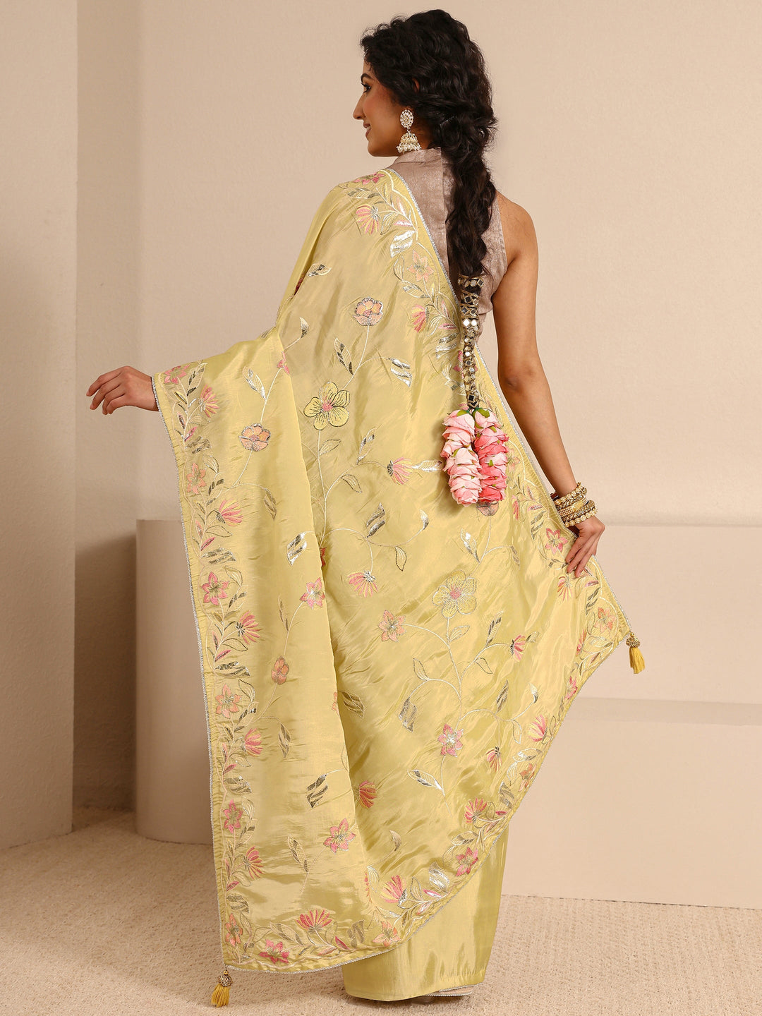  Yellow Floral Embellished Silk Blend Saree  With Unstitched Blouse Piece 