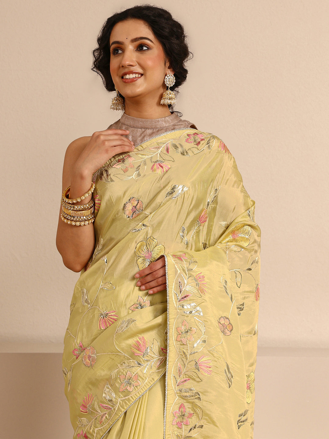  Yellow Floral Embellished Silk Blend Saree  With Unstitched Blouse Piece 