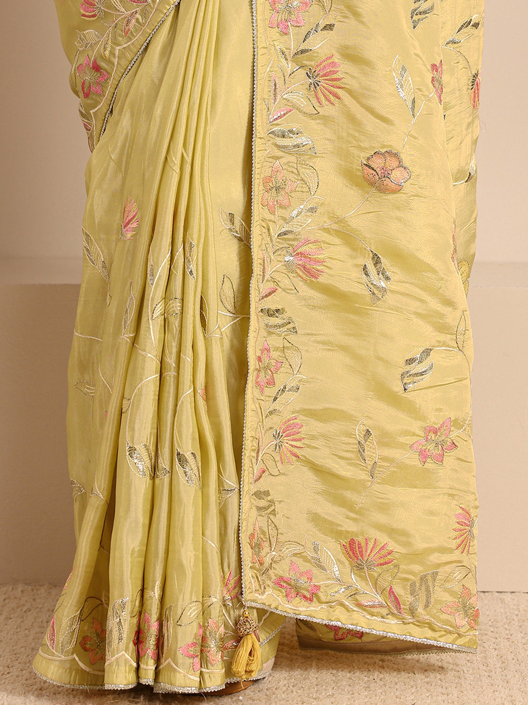  Yellow Floral Embellished Silk Blend Saree  With Unstitched Blouse Piece 