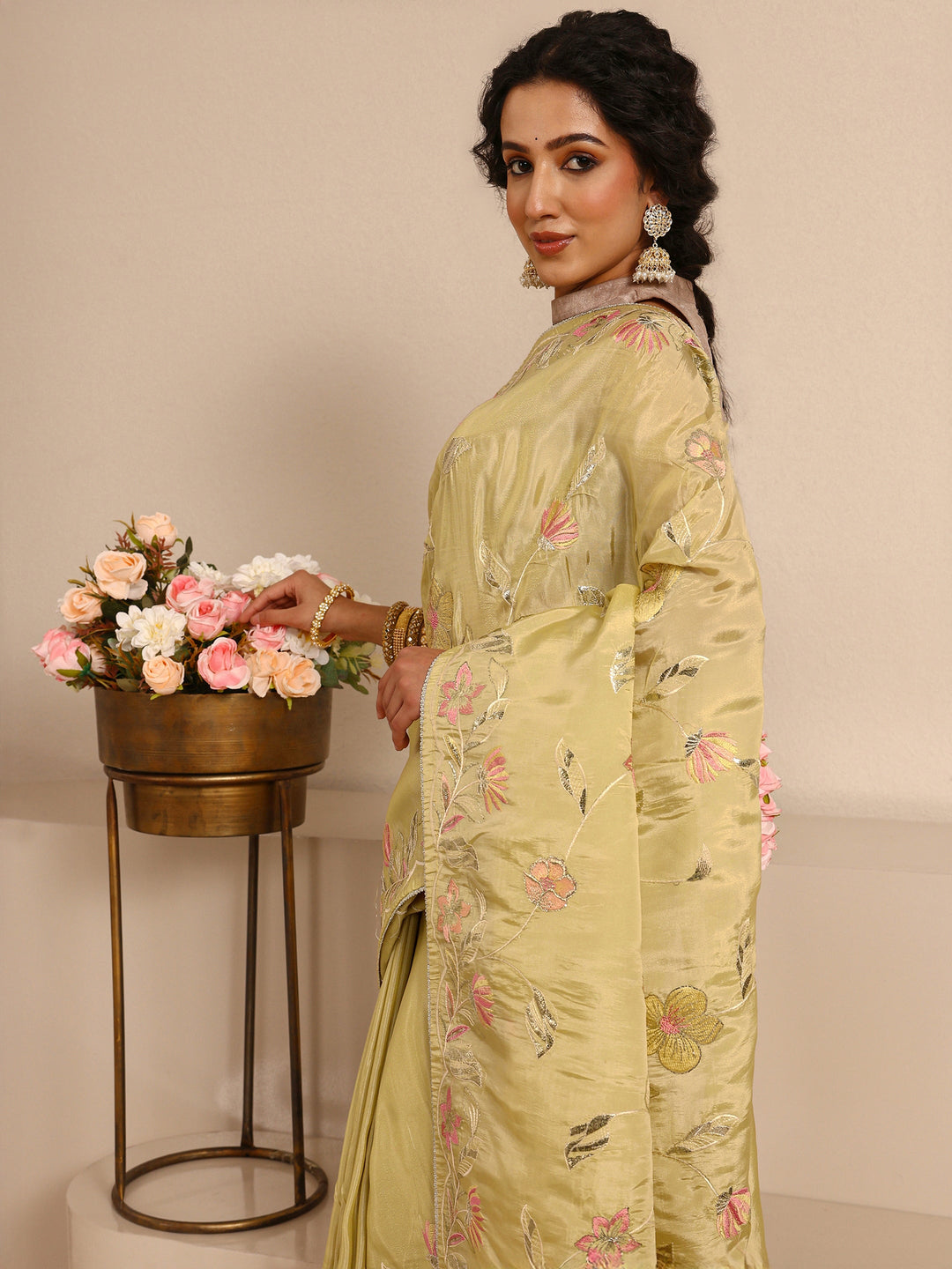  Yellow Floral Embellished Silk Blend Saree  With Unstitched Blouse Piece 