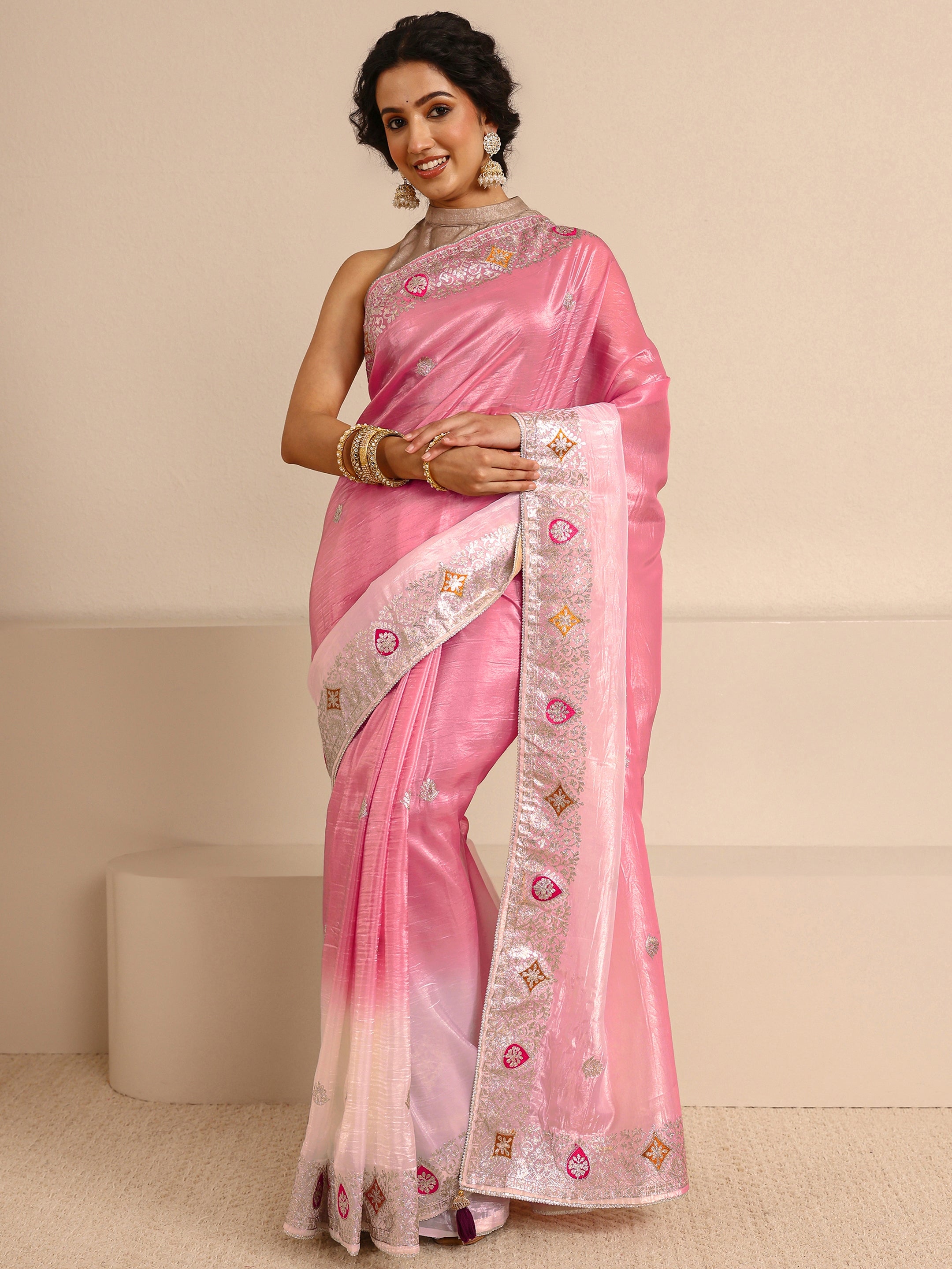 libas Peach Embellished Ombre Silk Blend Saree With Unstitched Blouse Piece-picture-14