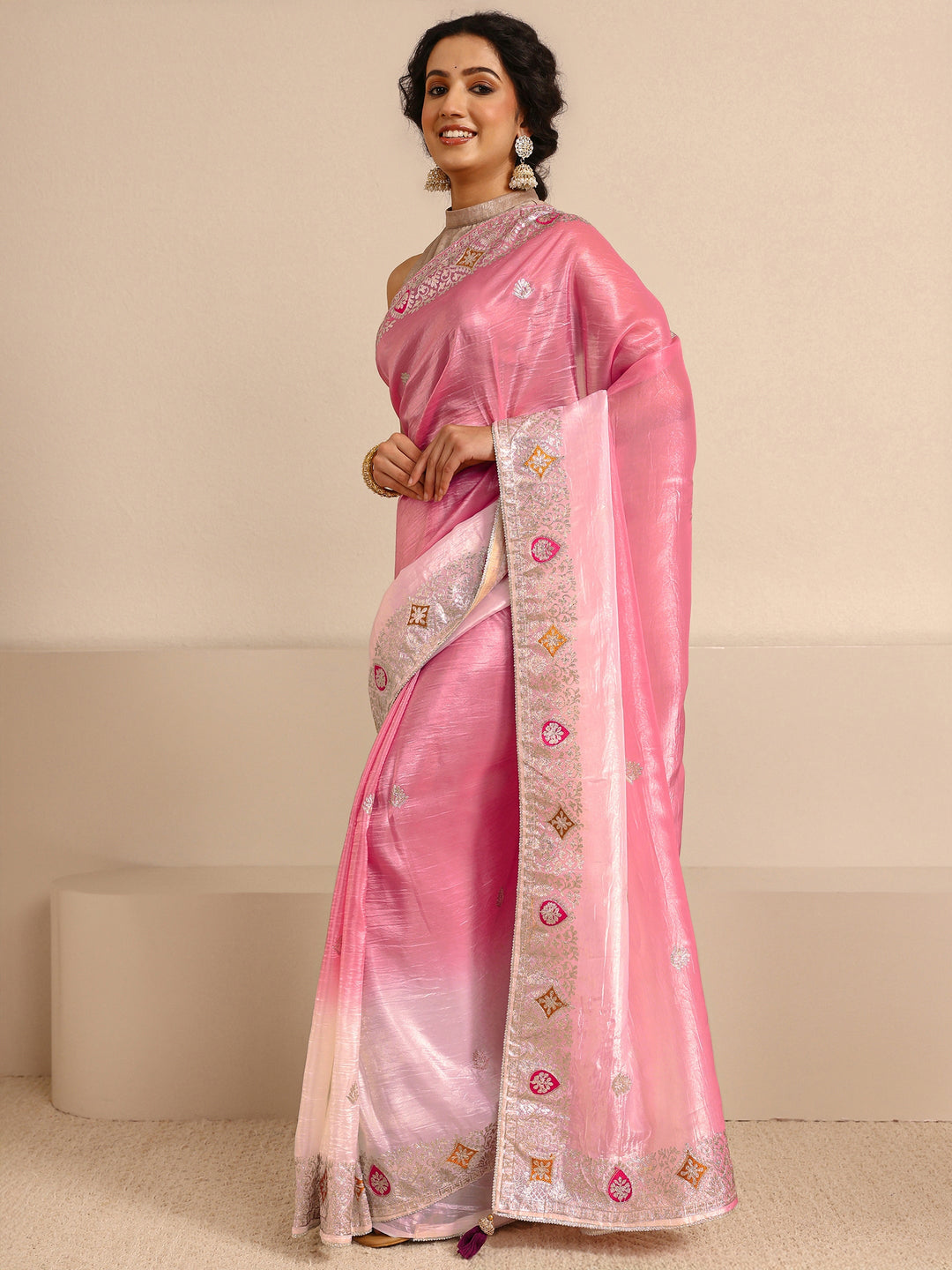  Peach Embellished Ombre Silk Blend Saree With Unstitched Blouse Piece 