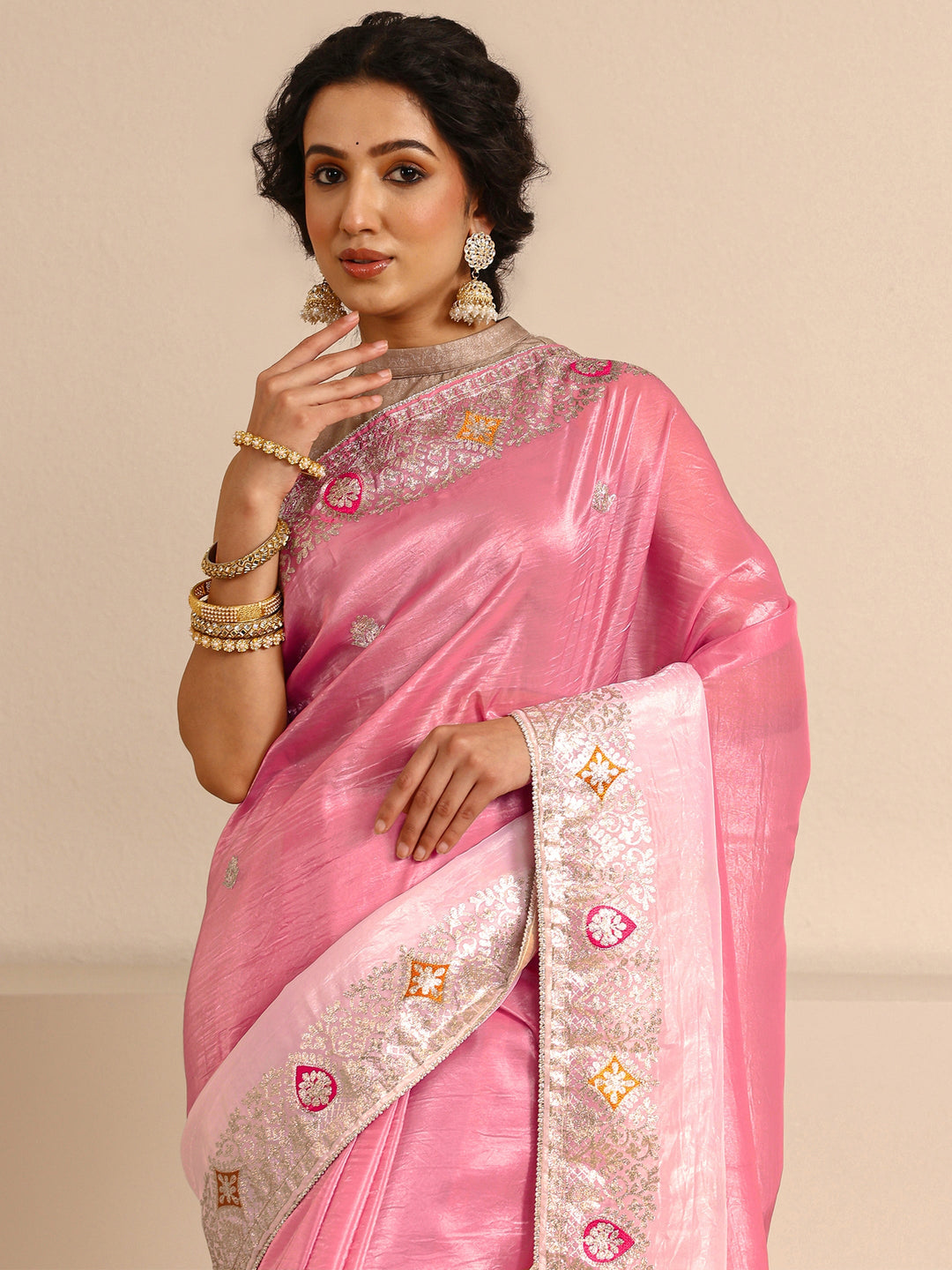  Peach Embellished Ombre Silk Blend Saree With Unstitched Blouse Piece 