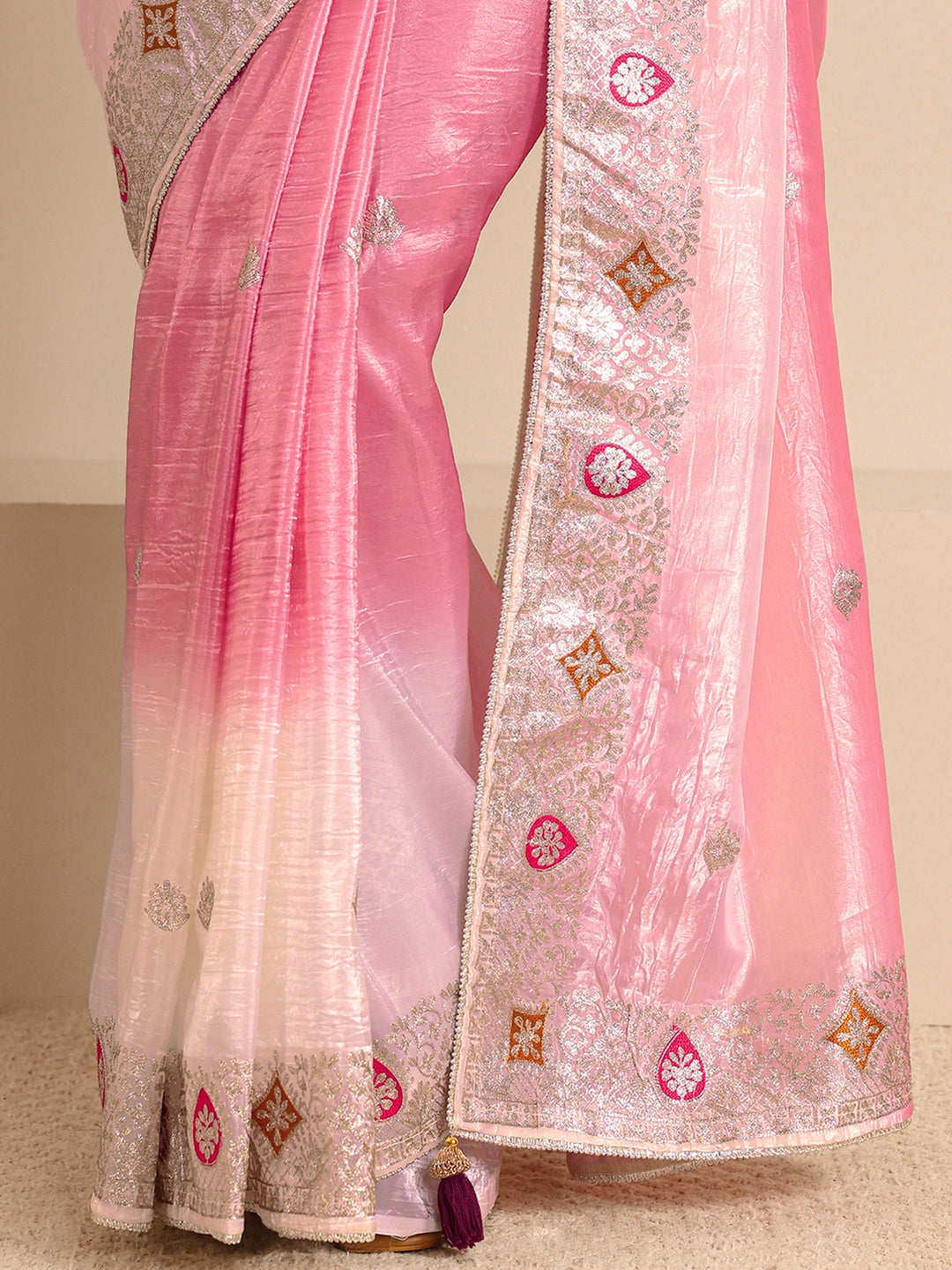  Peach Embellished Ombre Silk Blend Saree With Unstitched Blouse Piece 