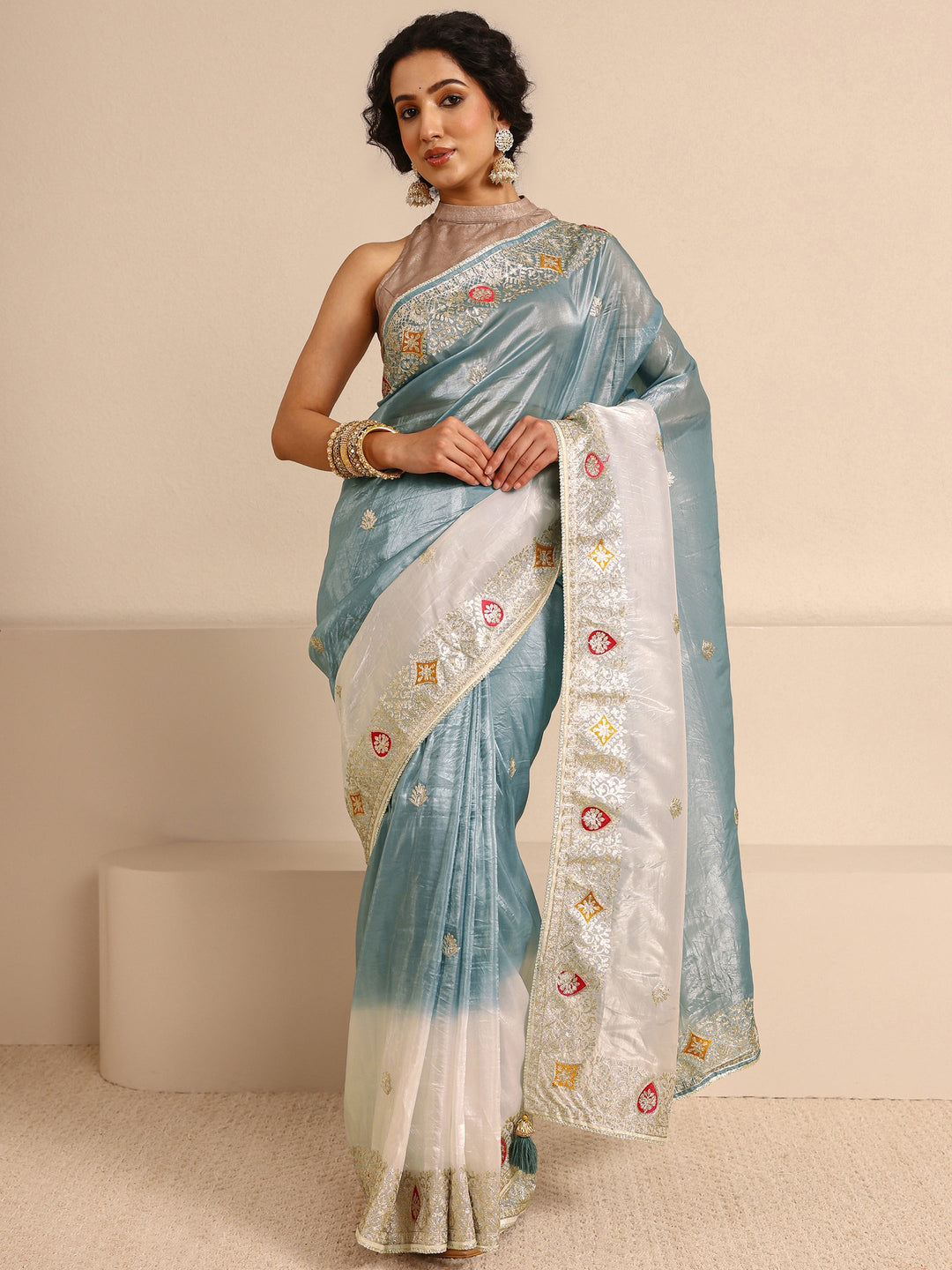  Blue Embellished Ombre Sheen Silk Blend Saree With Unstitched Blouse Piece 