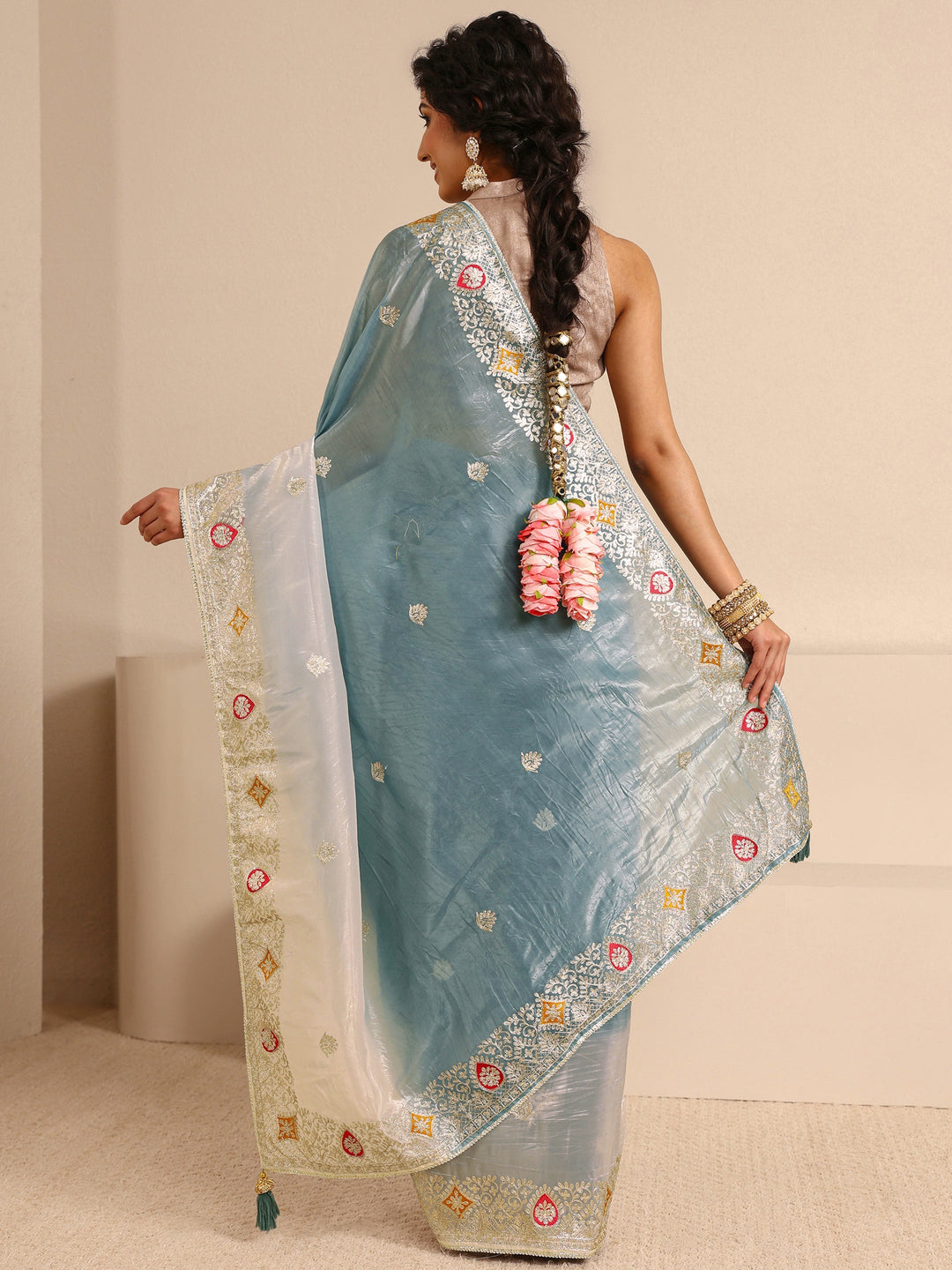  Blue Embellished Ombre Sheen Silk Blend Saree With Unstitched Blouse Piece 