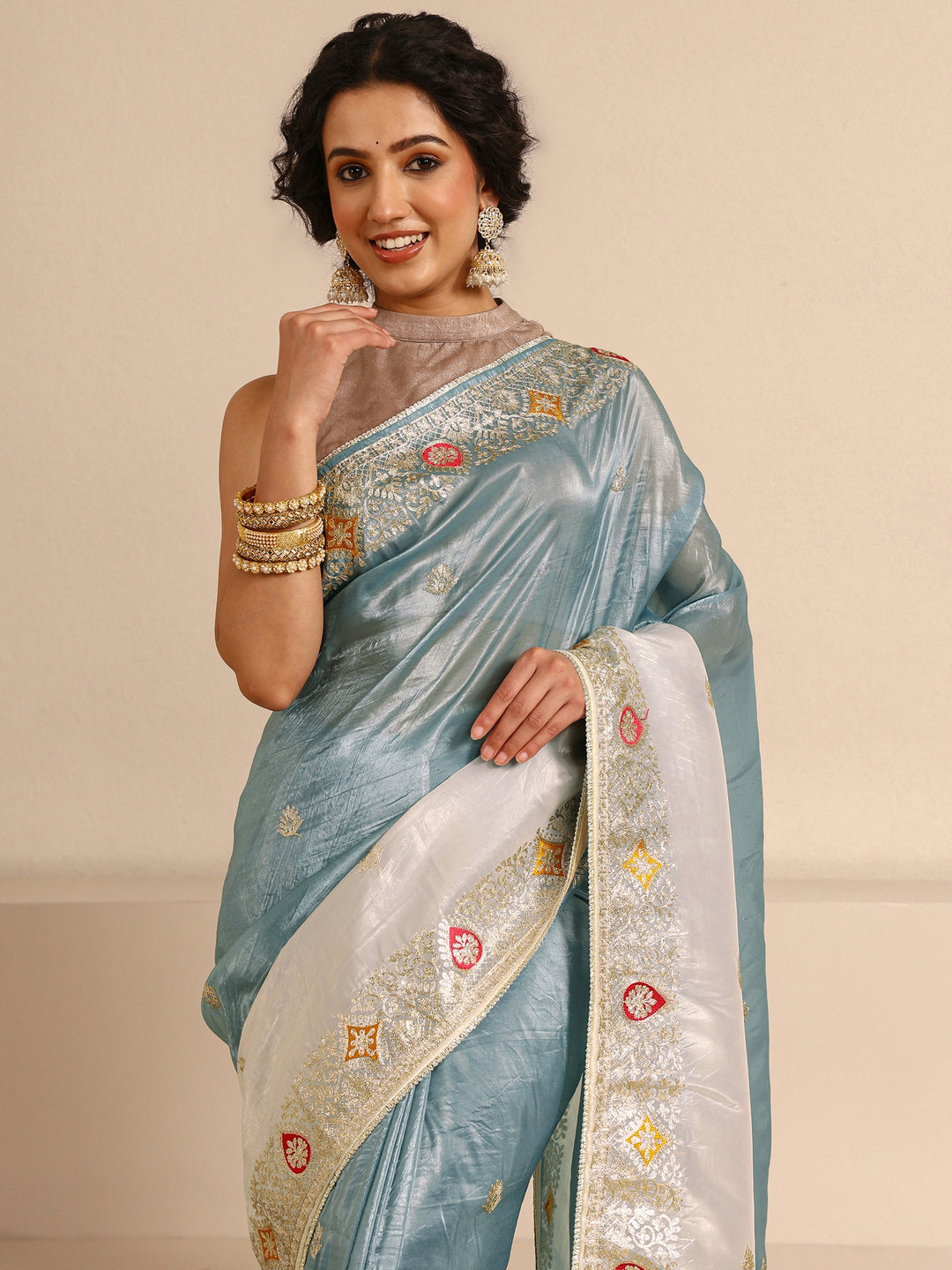  Blue Embellished Ombre Sheen Silk Blend Saree With Unstitched Blouse Piece 