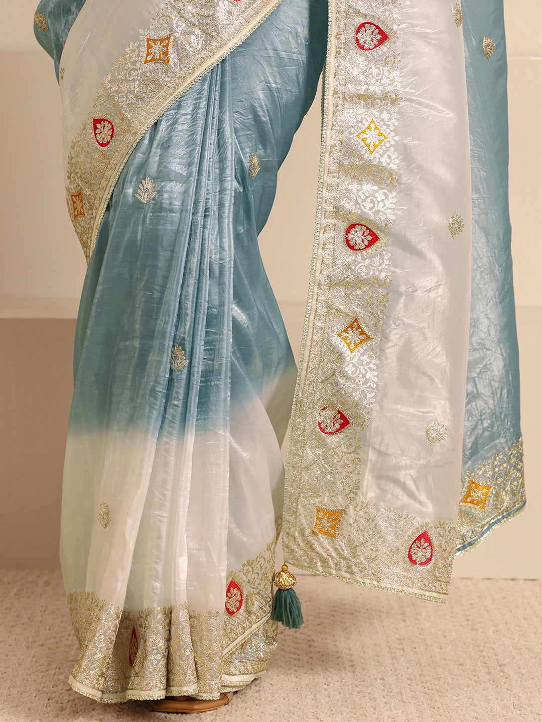  Blue Embellished Ombre Sheen Silk Blend Saree With Unstitched Blouse Piece 
