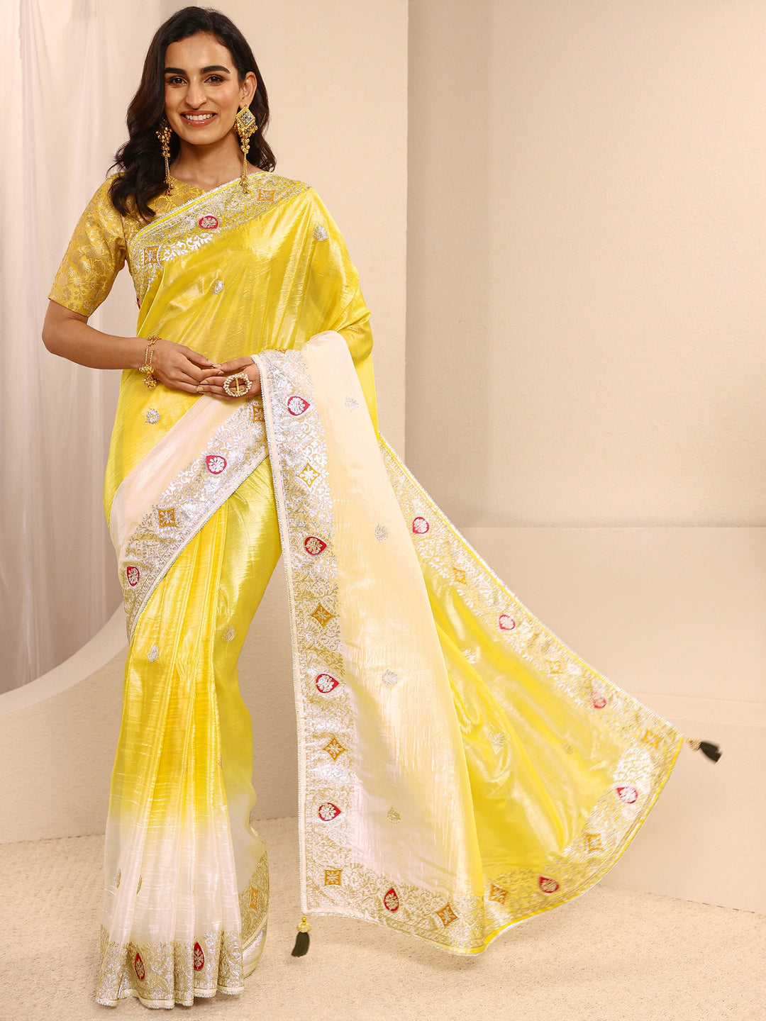  Yellow Ombre Embellished Silk Blend Saree With Unstitched Blouse Piece 