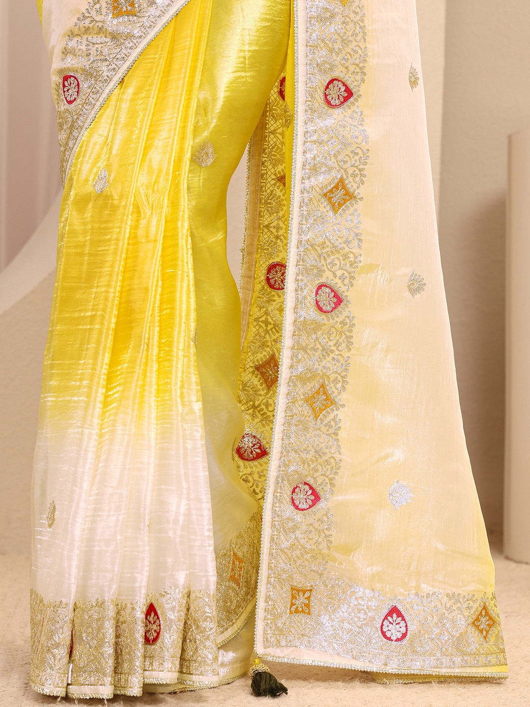  Yellow Ombre Embellished Silk Blend Saree With Unstitched Blouse Piece 