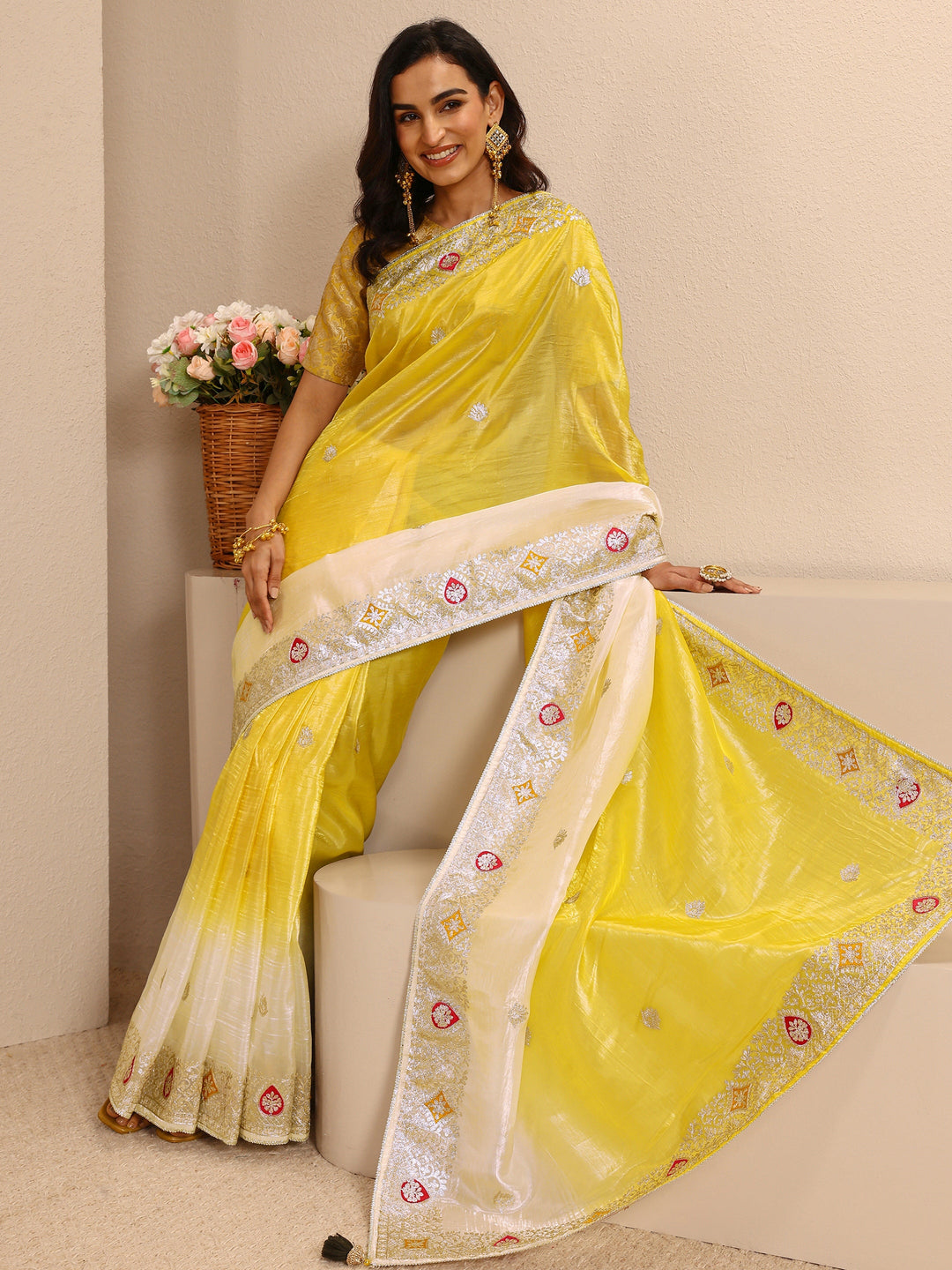  Yellow Ombre Embellished Silk Blend Saree With Unstitched Blouse Piece 