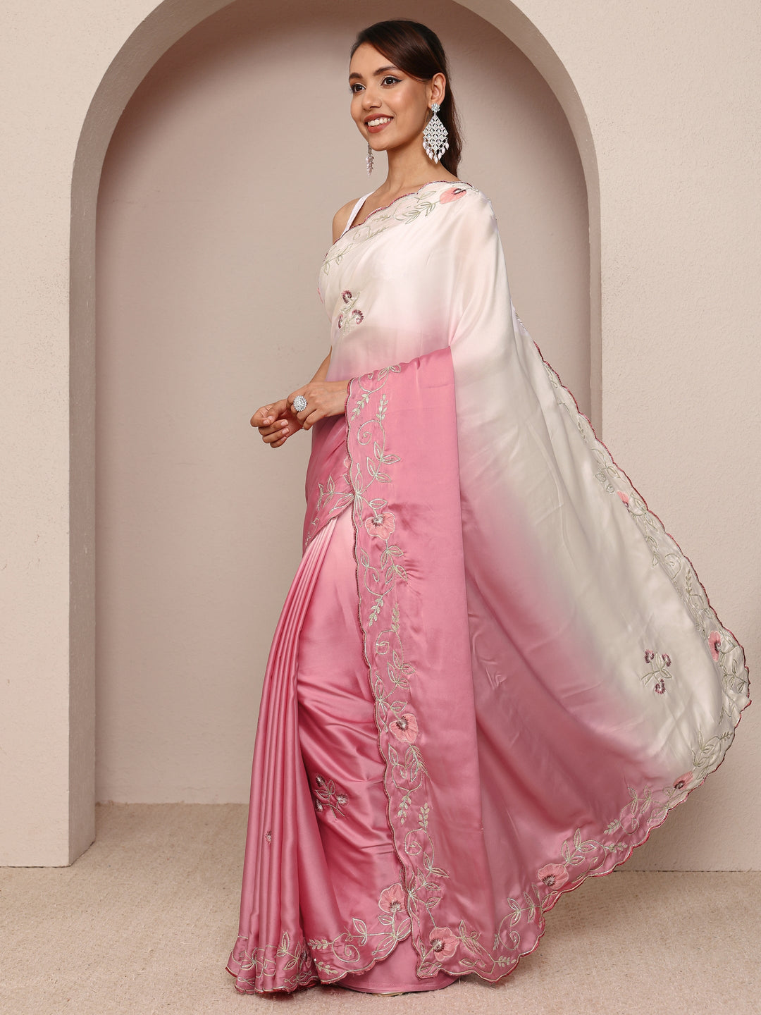  Pink Floral Embroidered Silk Blend Ombre Saree
With Unstitched Blouse Piece 