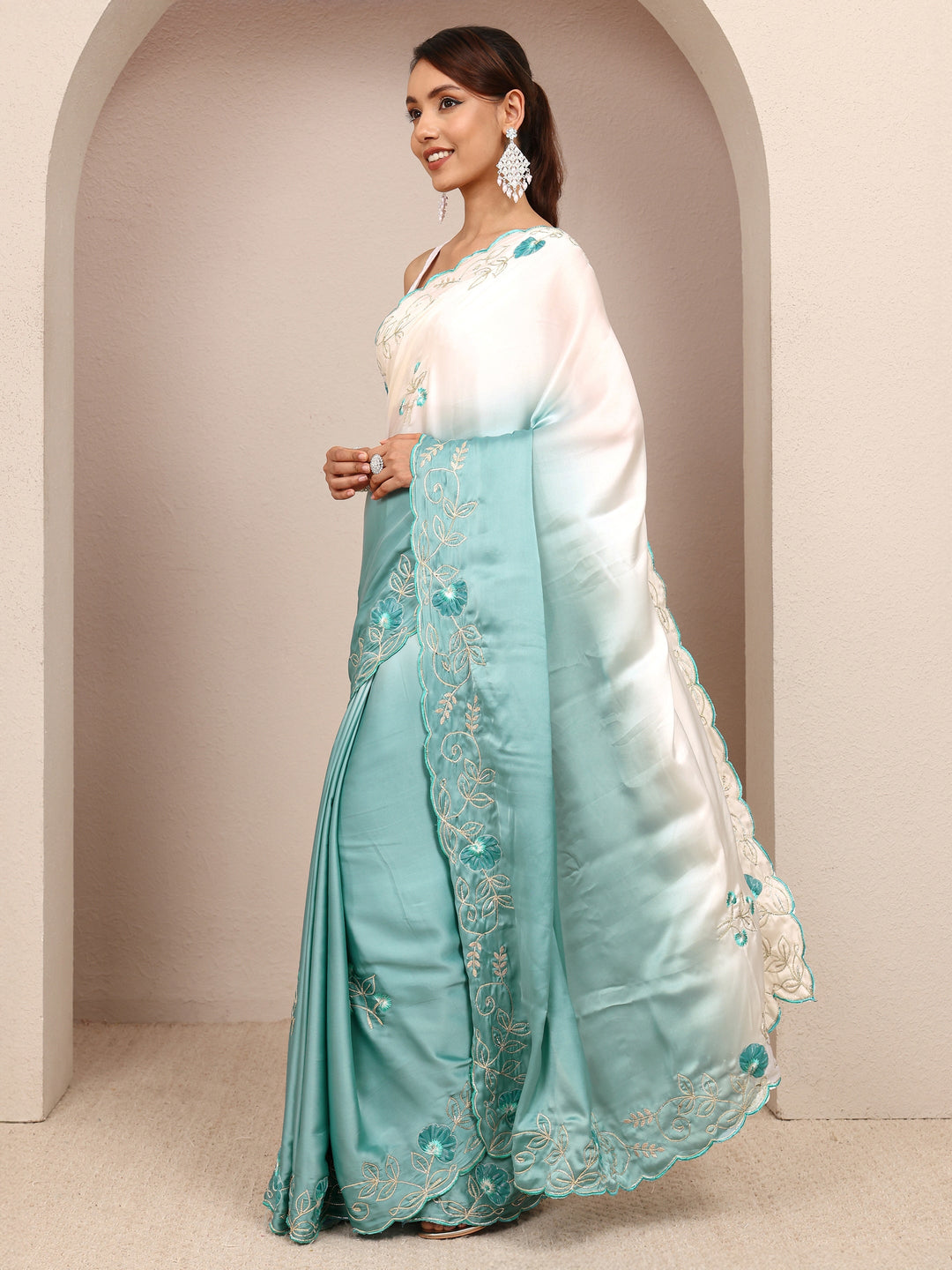 Blue Floral Embroidered Silk Blend Ombre Saree
With Unstitched Blouse Piece 