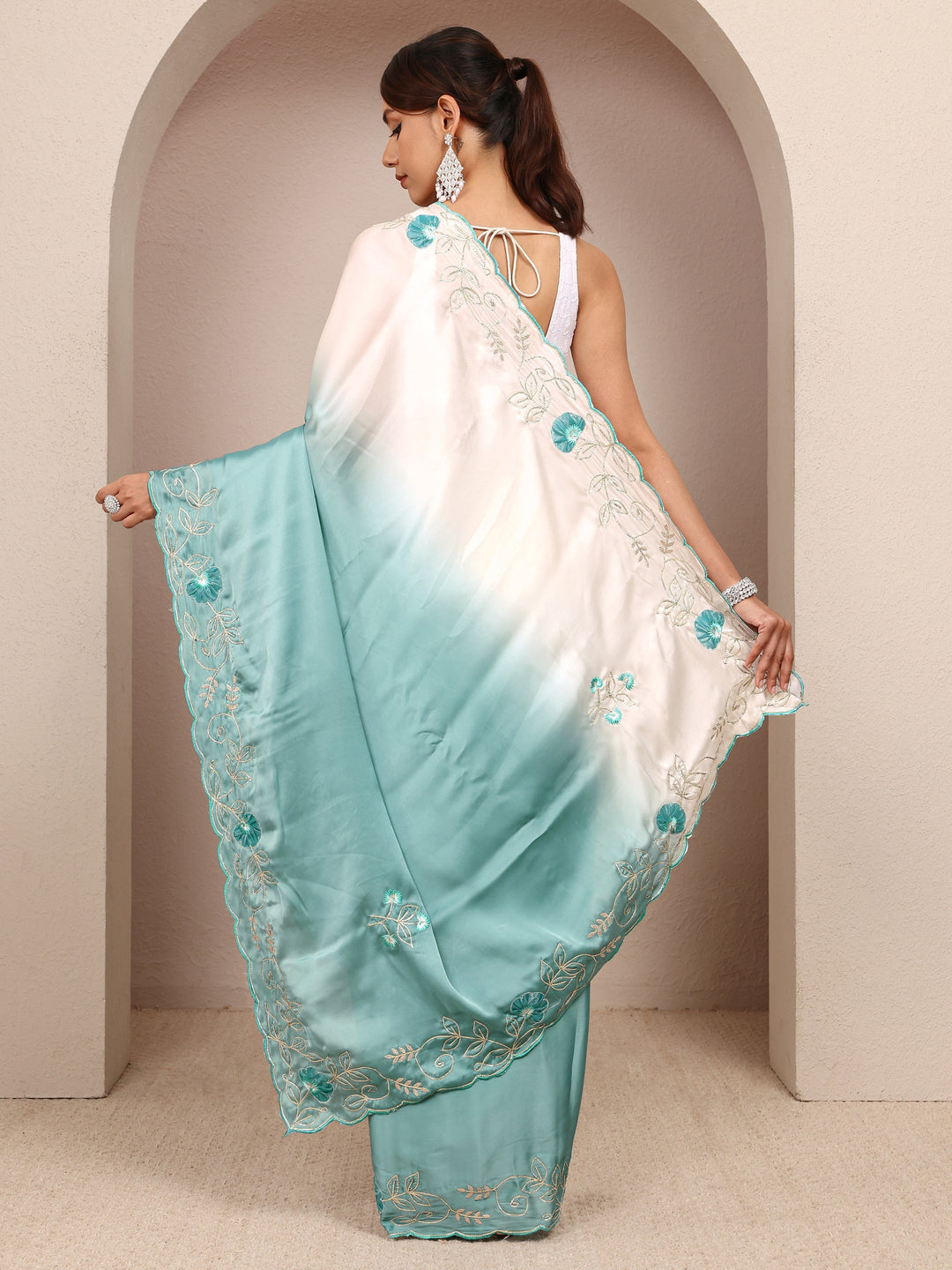  Blue Floral Embroidered Silk Blend Ombre Saree
With Unstitched Blouse Piece 