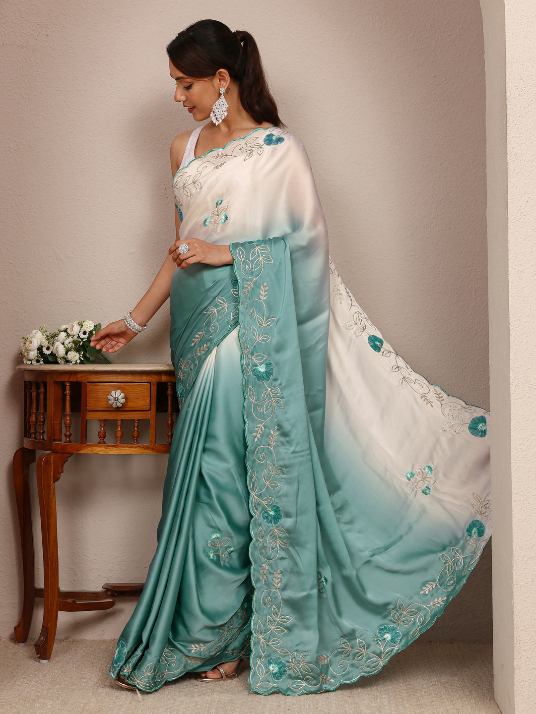 Blue Floral Embroidered Silk Blend Ombre Saree
With Unstitched Blouse Piece