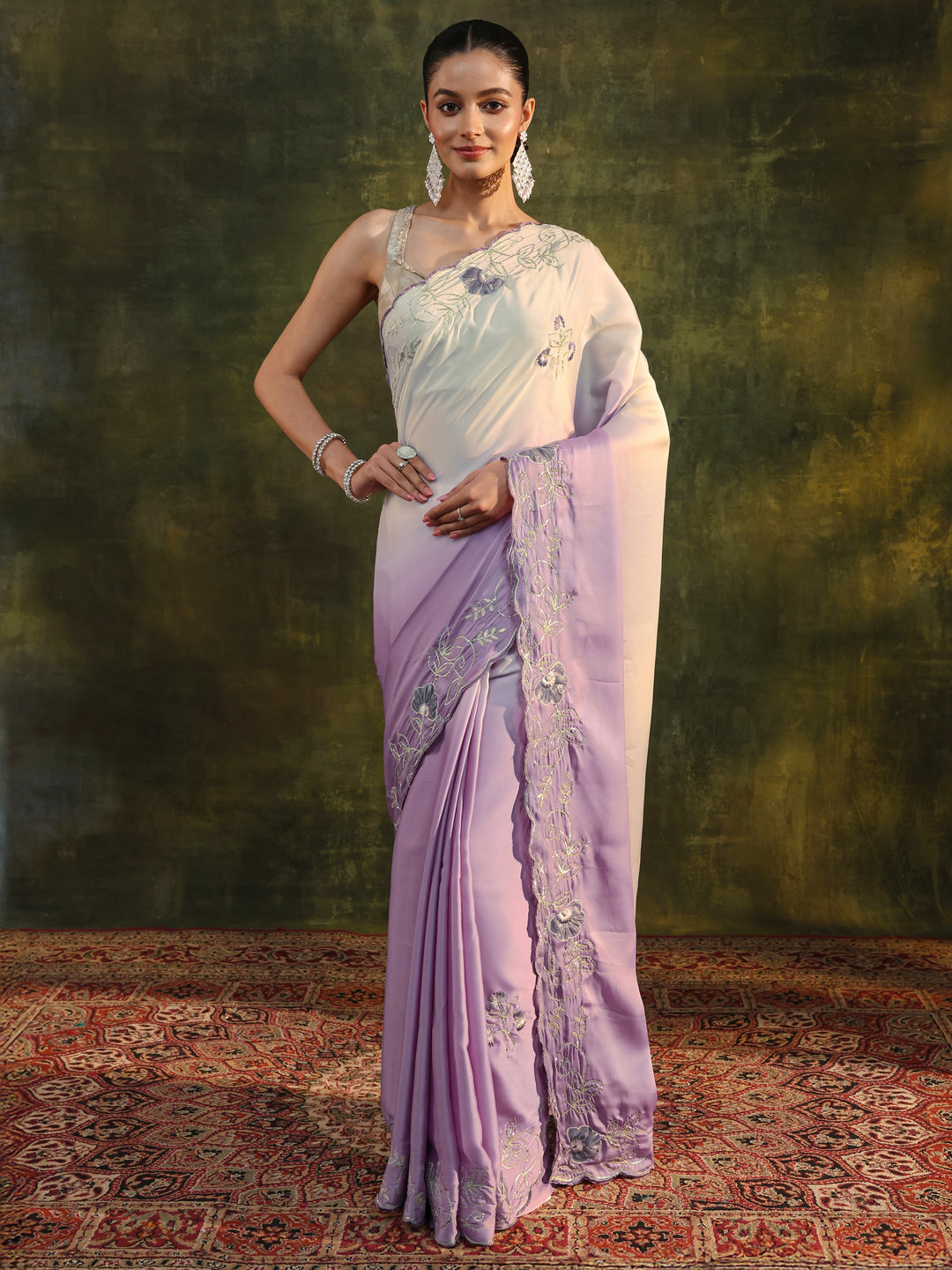  Purple Floral Embellished Silk Blend Ombre Saree With Unstitched Blouse Piece 