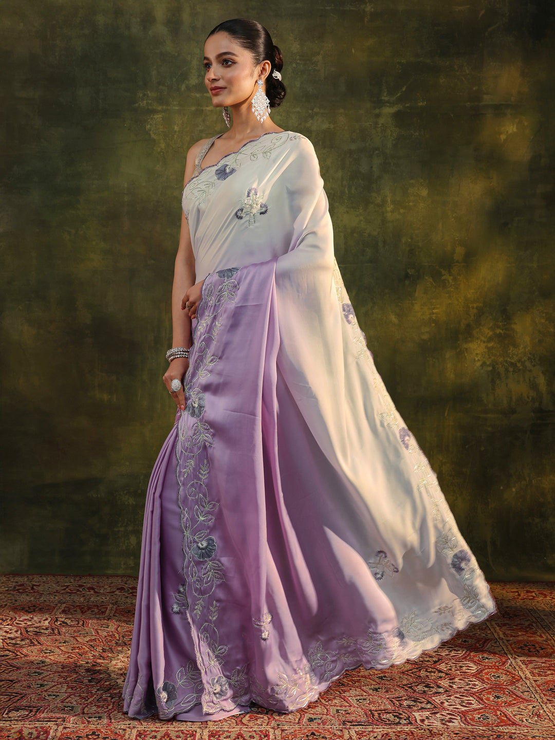  Purple Floral Embellished Silk Blend Ombre Saree With Unstitched Blouse Piece 