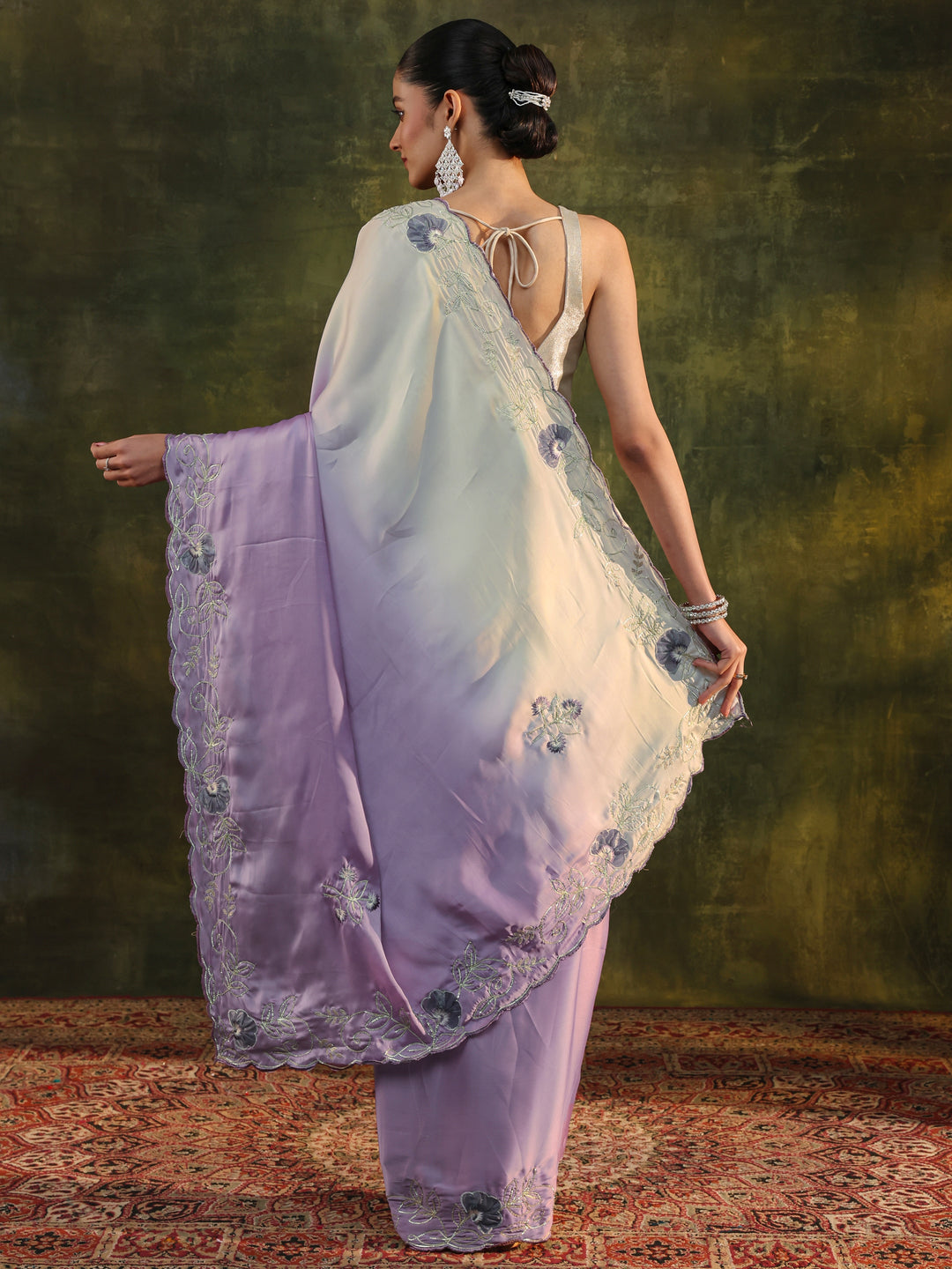  Purple Floral Embellished Silk Blend Ombre Saree With Unstitched Blouse Piece 