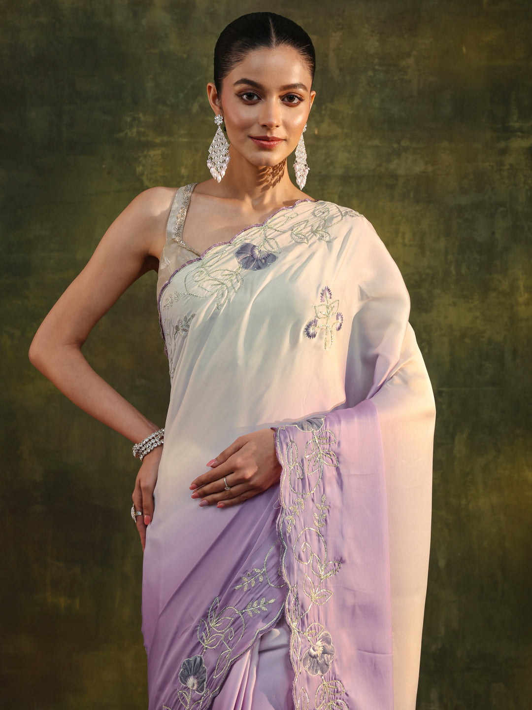  Purple Floral Embellished Silk Blend Ombre Saree With Unstitched Blouse Piece 