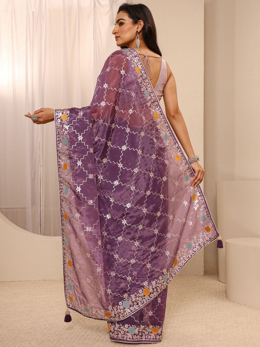  Purple Embellished Silk Blend Saree With Unstitched Blouse Piece 