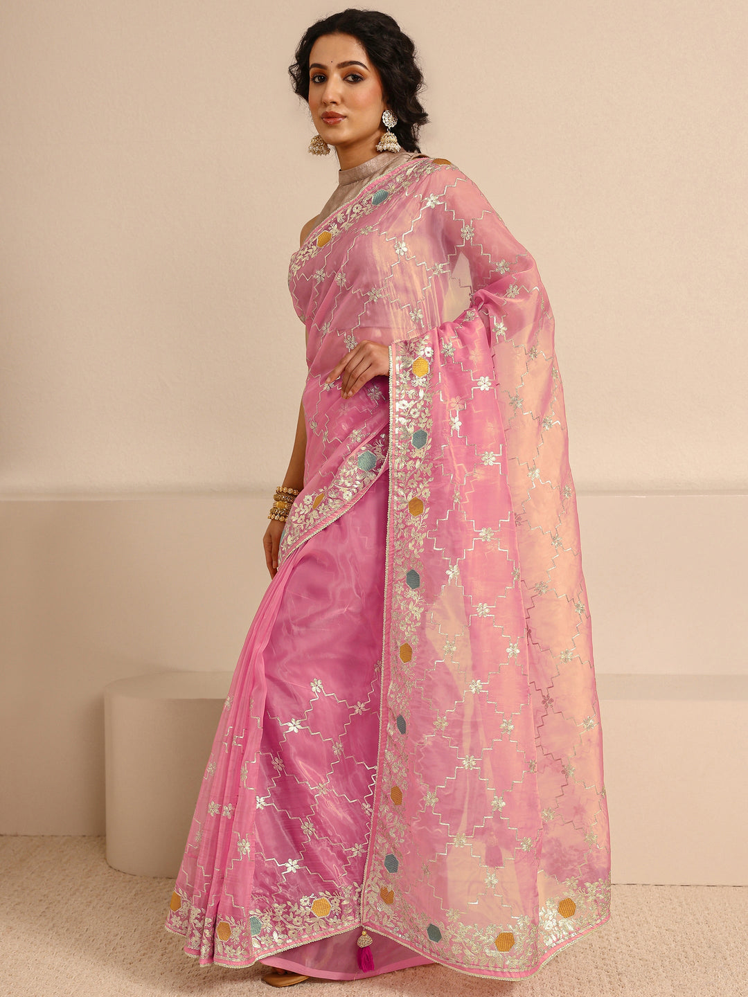  Pink Embellished Silk Blend Saree With Unstitched Blouse Piece 
