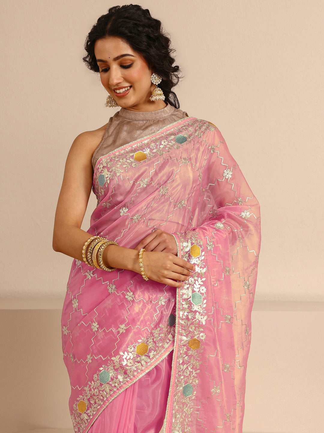  Pink Embellished Silk Blend Saree With Unstitched Blouse Piece 