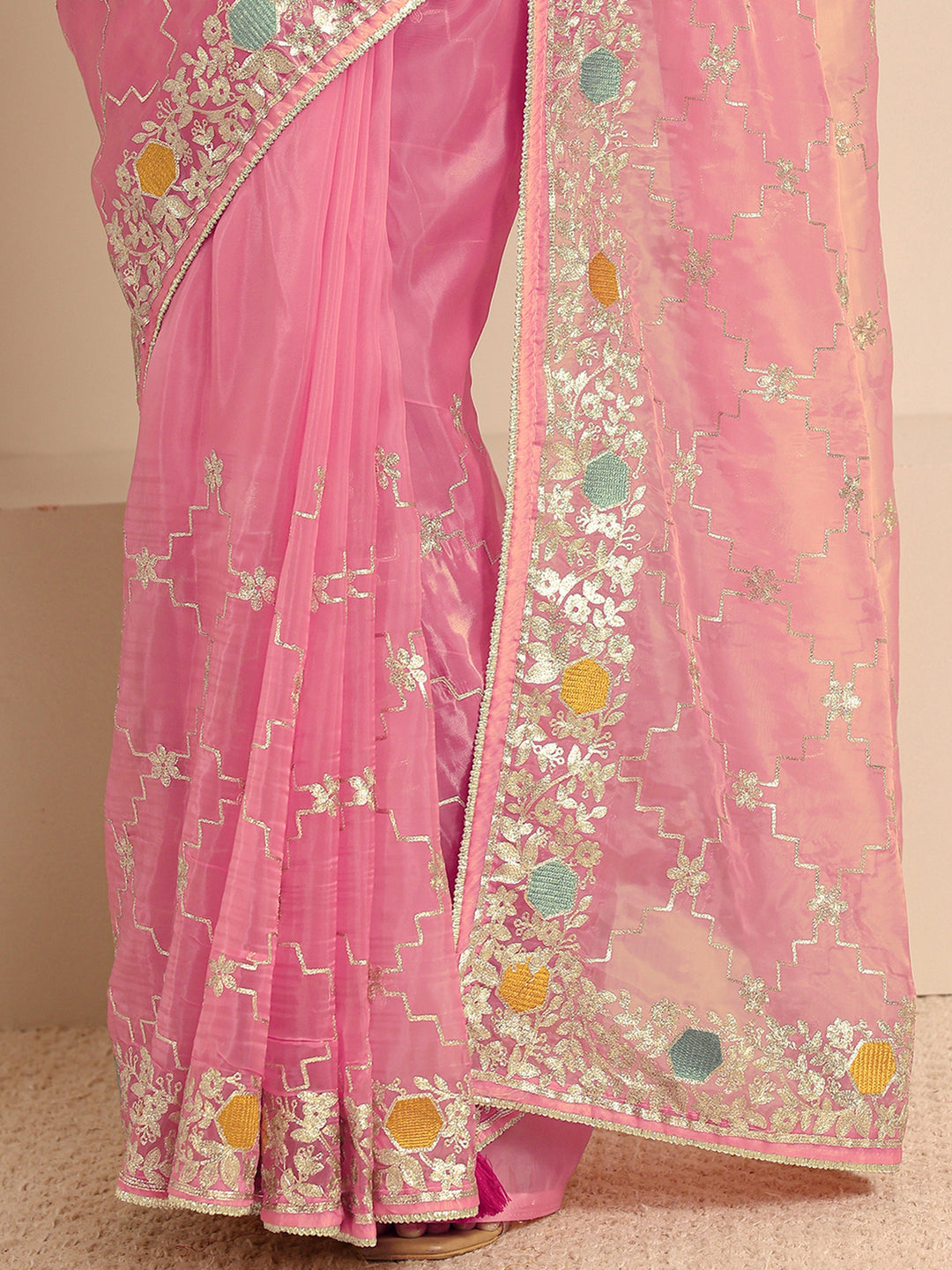  Pink Embellished Silk Blend Saree With Unstitched Blouse Piece 