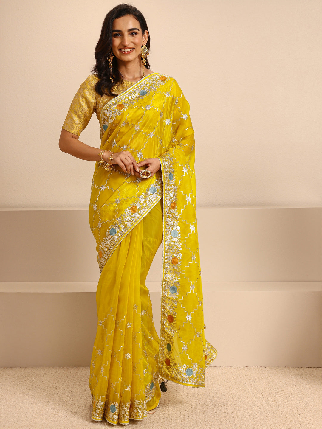  Mustard Embellished Silk Blend Saree With Unstitched Blouse Piece 