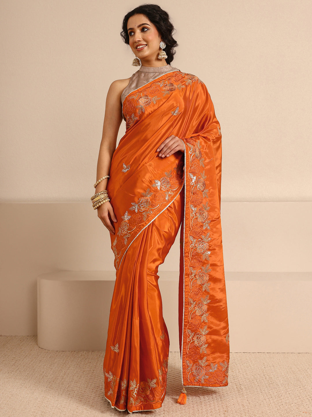 Orange Embellished Silk Blend Saree With Unstitched Blouse Piece 
