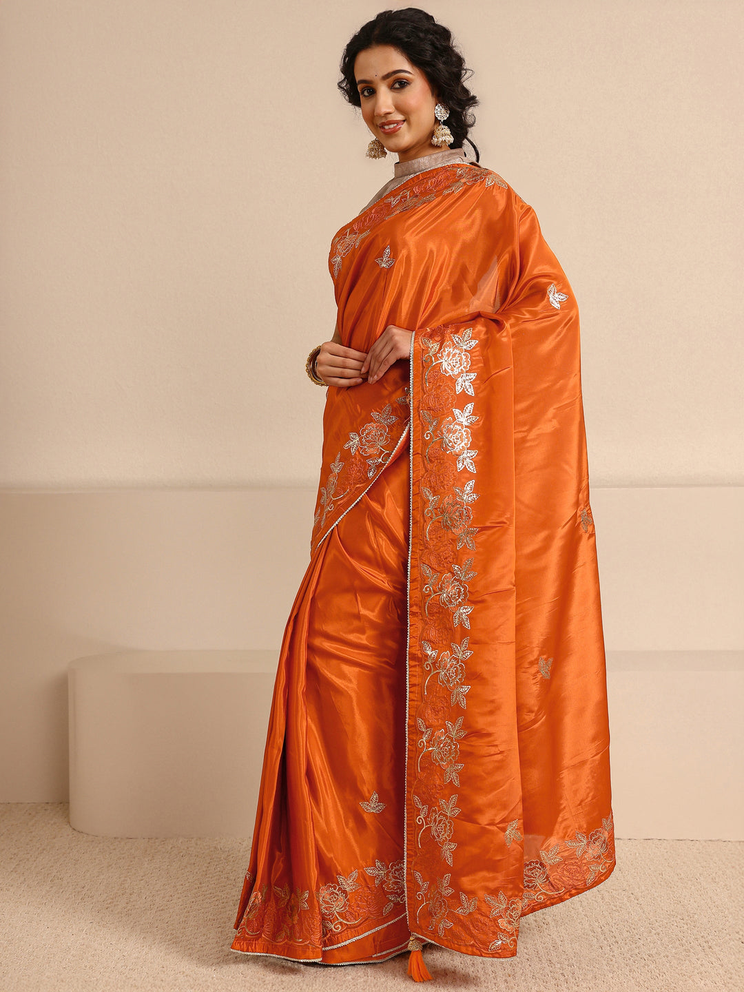  Orange Embellished Silk Blend Saree With Unstitched Blouse Piece 