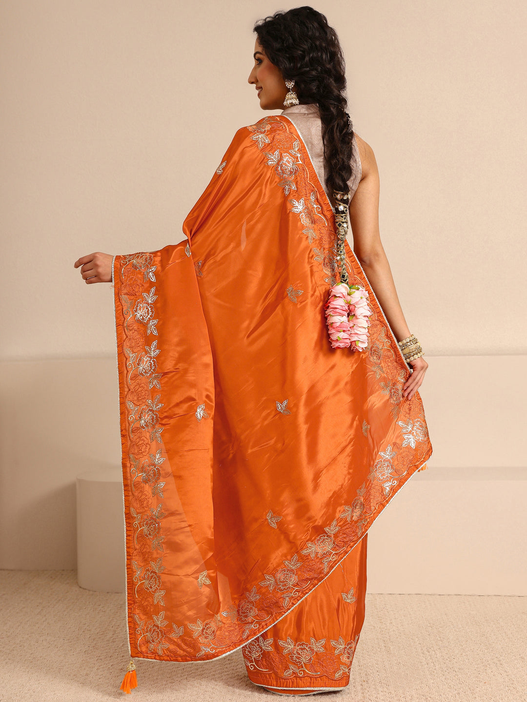  Orange Embellished Silk Blend Saree With Unstitched Blouse Piece 