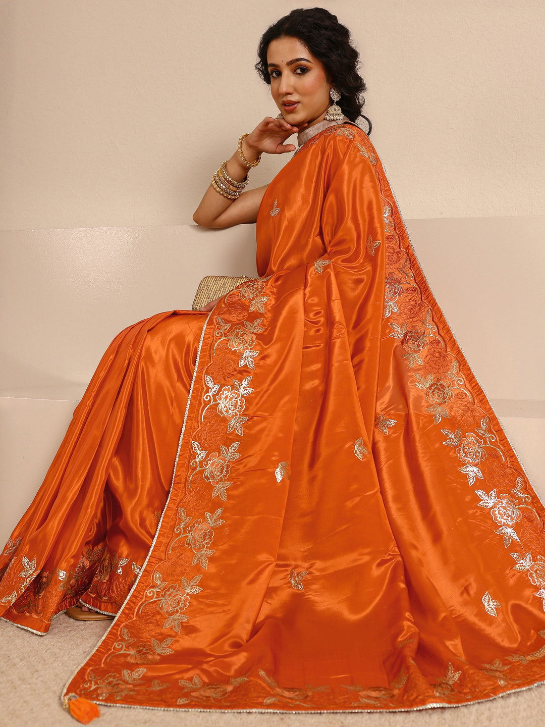  Orange Embellished Silk Blend Saree With Unstitched Blouse Piece 