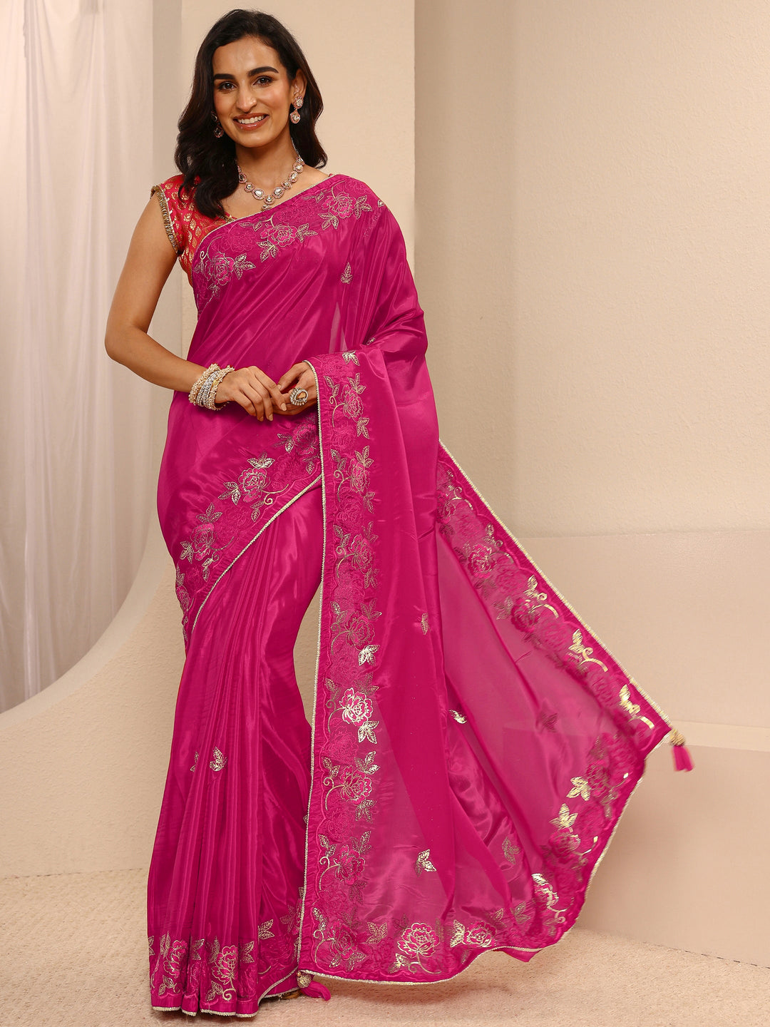  Pink Floral Embellished Silk Blend Saree With Unstitched Blouse Piece 